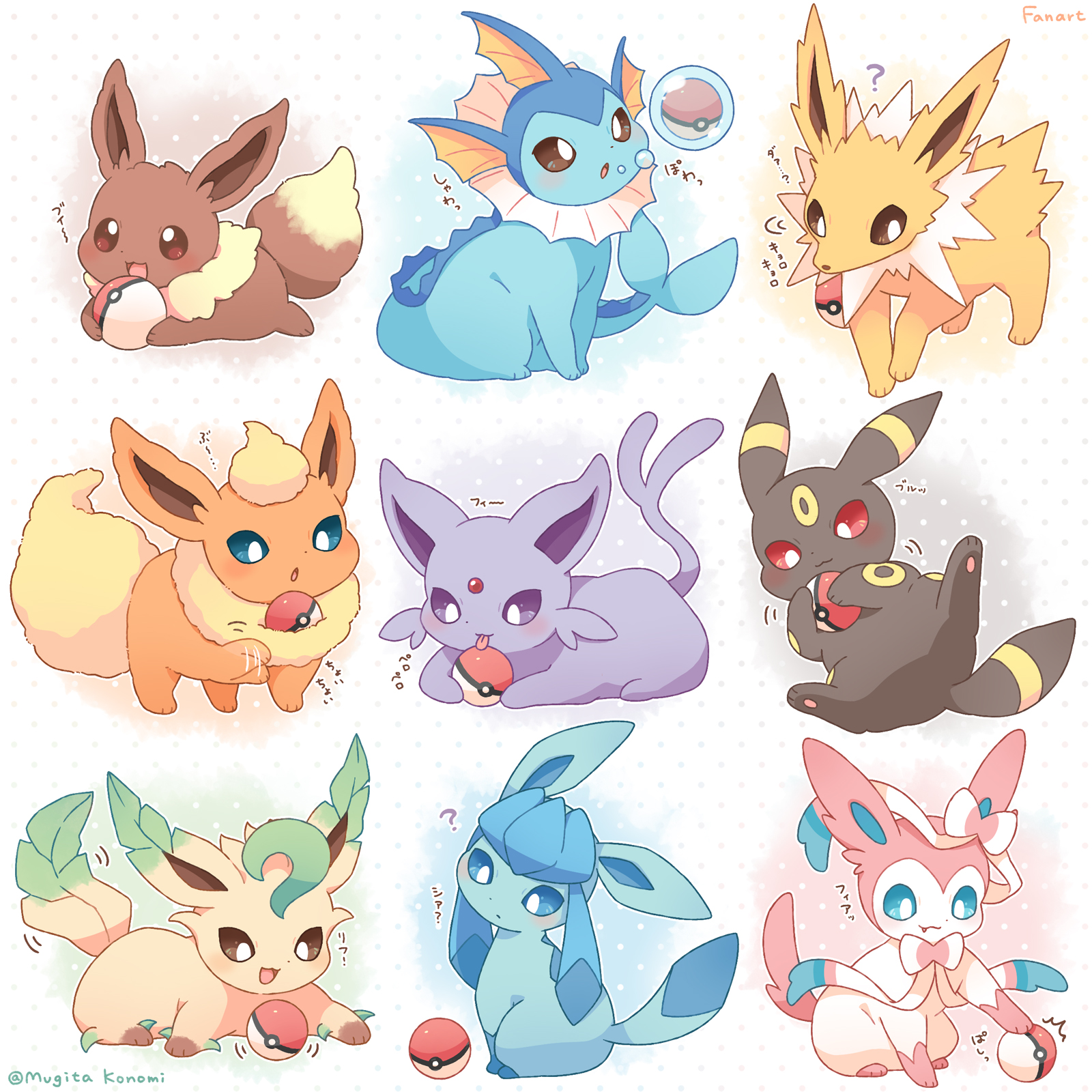 mugita konomi, eevee, espeon, flareon, glaceon, jolteon, leafeon, sylveon, umbreon, vaporeon, nintendo, pokemon, commentary request, highres, :3, :o, ?, artist name, blue eyes, blush, bright pupils, brown eyes, brown fur, closed mouth, fang, fang out, gen 1 pokemon, gen 2 pokemon, gen 4 pokemon, gen 6 pokemon, licking, multiple tails, no humans, open mouth, orange fur, poke ball, poke ball (basic), polka dot, polka dot background, purple eyes, red eyes, tail, two tails, white background, white pupils, yellow fur