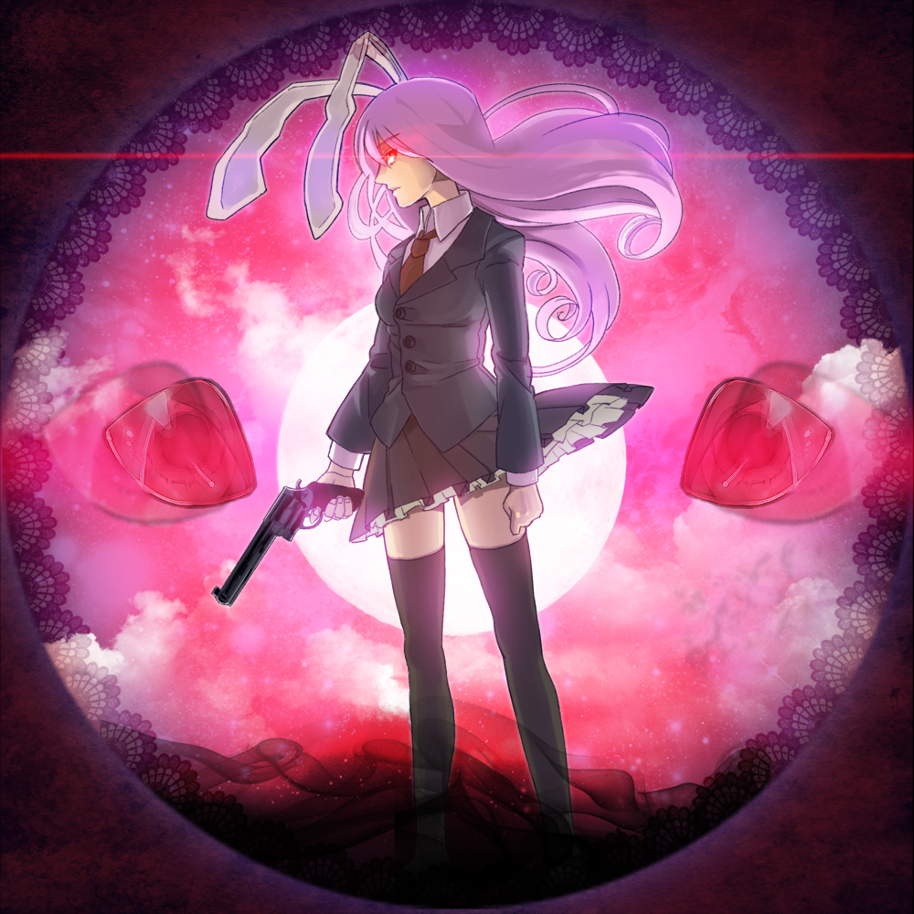 kotetu, tsurusaki yuu, reisen udongein inaba, touhou, bad id, bad pixiv id, 1girl, animal ears, black thighhighs, blazer, clothes lift, female focus, glowing, glowing eyes, gradient background, gun, handgun, jacket, long hair, petticoat, pistol, pleated skirt, purple hair, rabbit ears, red eyes, revolver, skirt, skirt lift, solo, thighhighs, weapon