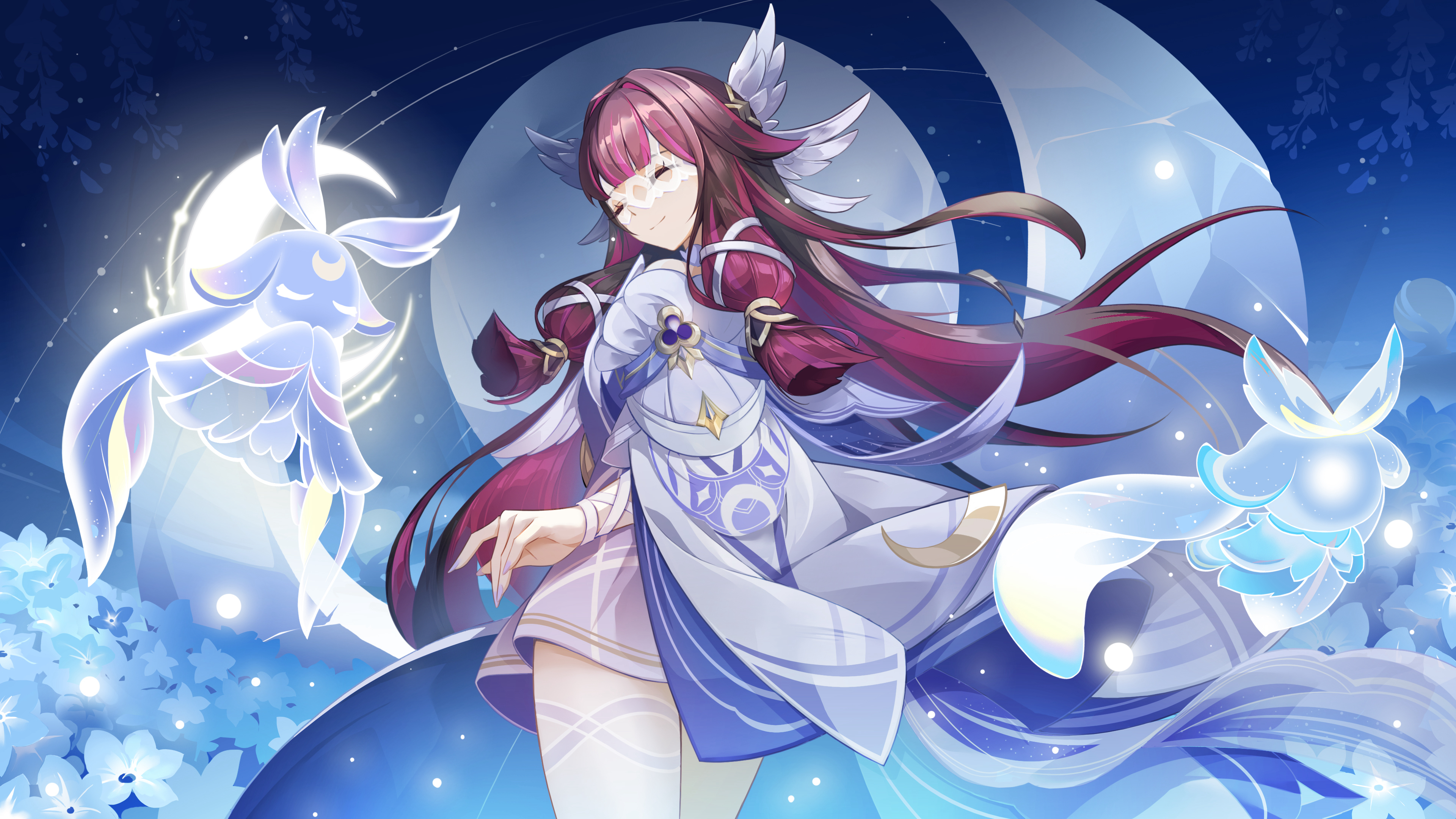 qiyanbujueshi, columbina (genshin impact), genshin impact, absurdres, highres, 1girl, 2others, black hair, blue flower, closed eyes, closed mouth, crescent, dress, feathered wings, flower, hair ribbon, head wings, kuuhenki (genshin impact), long hair, luonnotar (genshin impact), multiple others, multiple wings, pink hair, ribbon, sidelocks, smile, very long hair, white dress, white mask, white ribbon, white wings, wings