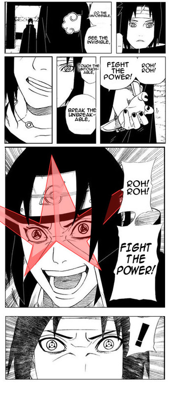 simon (ttgl), uchiha itachi, uchiha sasuke, naruto (classic), naruto (series), tengen toppa gurren lagann, hard-translated, long image, tall image, third-party edit, 2boys, brothers, comic, english text, monochrome, multiple boys, parody, siblings, sunglasses