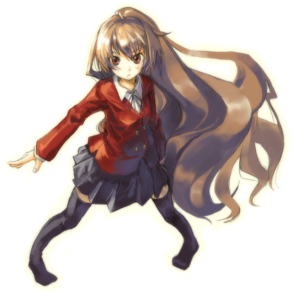 myu, aisaka taiga, toradora!, duplicate, md5 mismatch, 00s, brown eyes, brown hair, long hair, red eyes, school uniform, simple background, skirt, solo, thighhighs, very long hair, zettai ryouiki