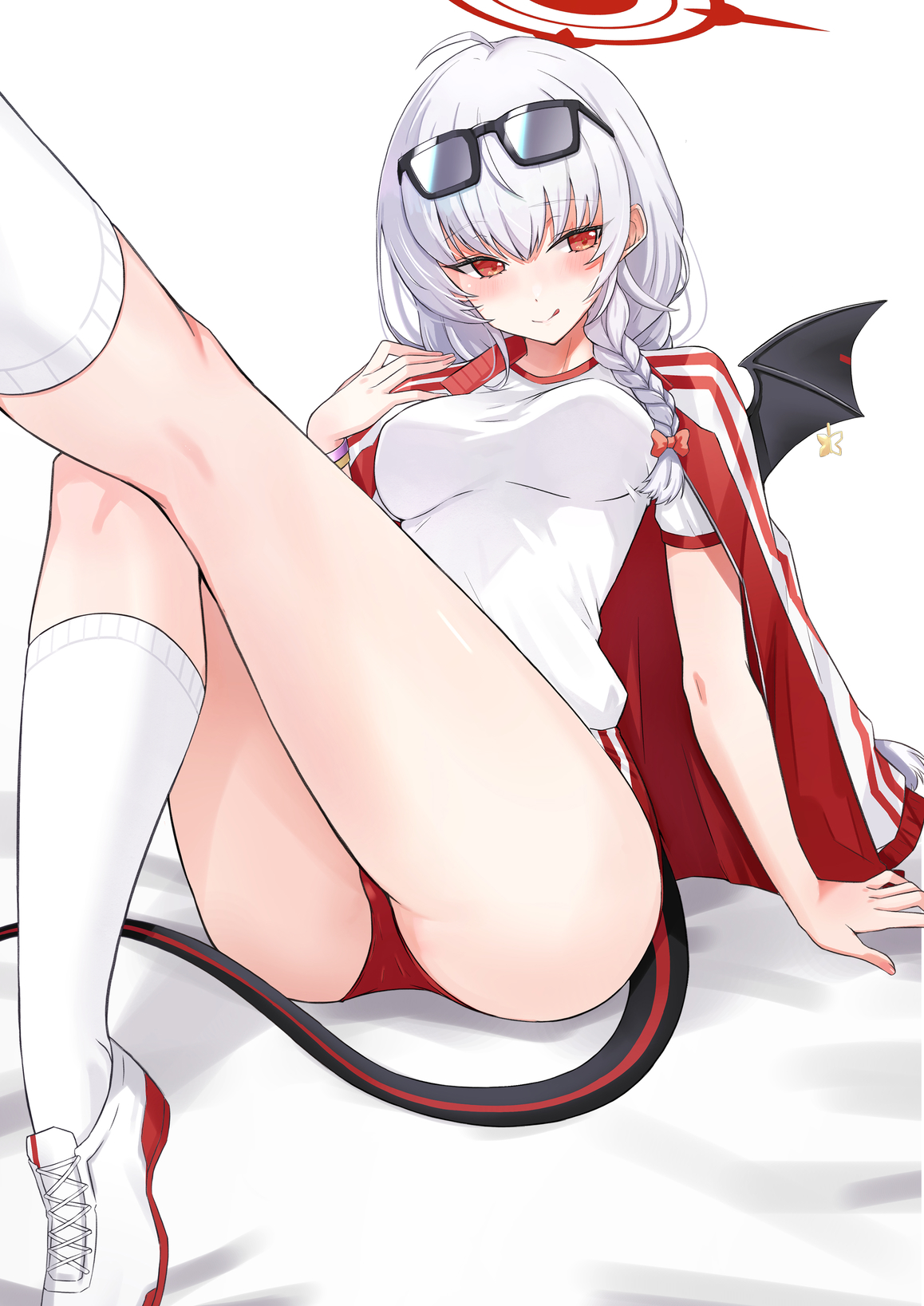 asya, haruna (blue archive), haruna (track) (blue archive), blue archive, commentary, highres, 1girl, :q, ahoge, arm at side, arm support, black-framed eyewear, blush, bracelet, braid, breasts, buruma, closed mouth, cross-laced shoes, demon girl, demon tail, demon wings, eyelashes, eyewear on head, foot out of frame, foreshortening, grey hair, gym shirt, gym uniform, hair between eyes, halo, hand up, jacket, jacket on shoulders, jewelry, kneehighs, kneepits, knees together feet apart, large breasts, licking, looking at viewer, official alternate costume, open clothes, open jacket, red buruma, red eyes, red halo, red jacket, shirt, shoes, short sleeves, simple background, single braid, single wing, sitting, smile, sneakers, socks, solo, split mouth, sunglasses, tail, thighs, tongue, tongue out, track jacket, tsurime, white background, white shirt, white shoes, white socks, wings
