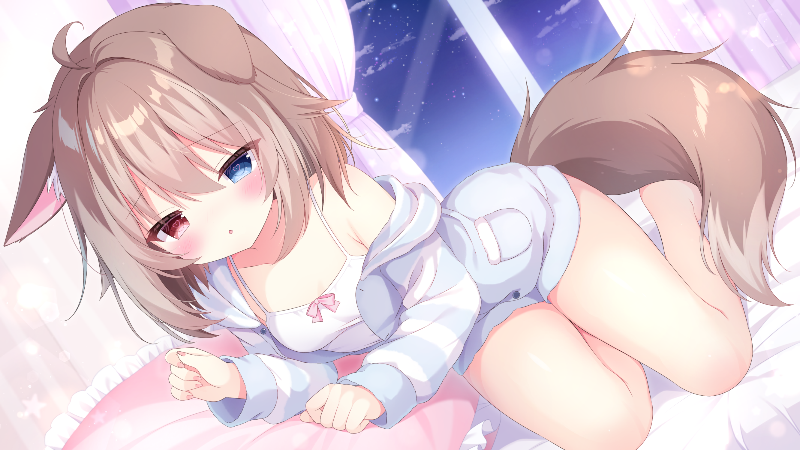 hasuki rui, indie virtual youtuber, commentary request, commission, highres, skeb commission, 1girl, :o, ahoge, animal ear fluff, animal ears, bare legs, barefoot, blue eyes, blue jacket, blush, brown hair, camisole, collarbone, dog ears, dog girl, dog tail, fang, full body, heart, heart-shaped pupils, heterochromia, holding, indoors, jacket, kneeling, long sleeves, looking at viewer, medium hair, mimikaki, nekoboshi yuki, off shoulder, on bed, open clothes, open jacket, open mouth, pajamas, pillow, red eyes, single bare shoulder, skin fang, solo, striped clothes, striped jacket, symbol-shaped pupils, tail, virtual youtuber, white camisole