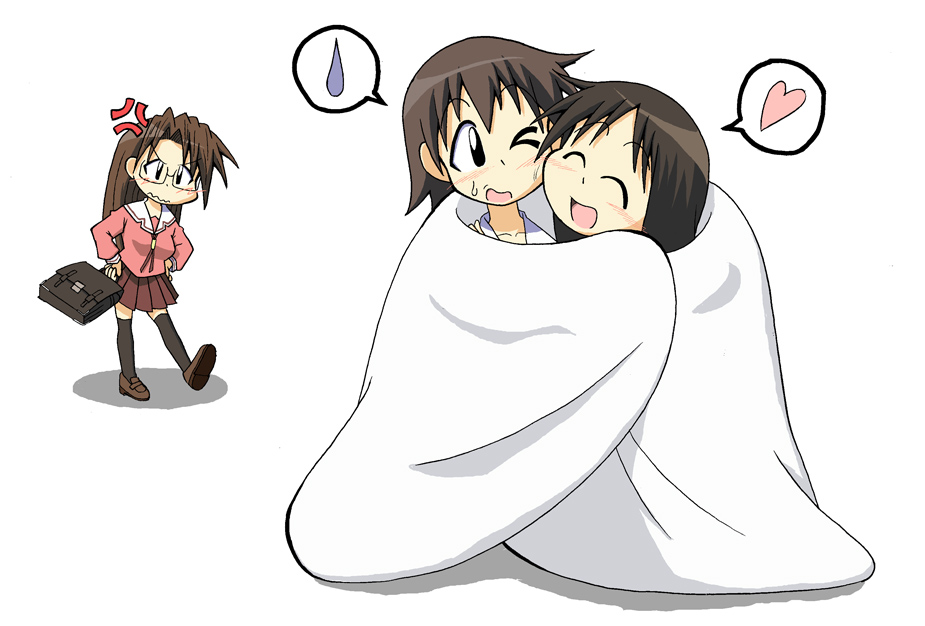 men (artist), kasuga ayumu, mizuhara koyomi, takino tomo, azumanga daiou, 3girls, anger vein, angry, blanket, chibi, heart, multiple girls, speech bubble, spoken heart, spoken sweatdrop, sweatdrop, thighhighs, white background