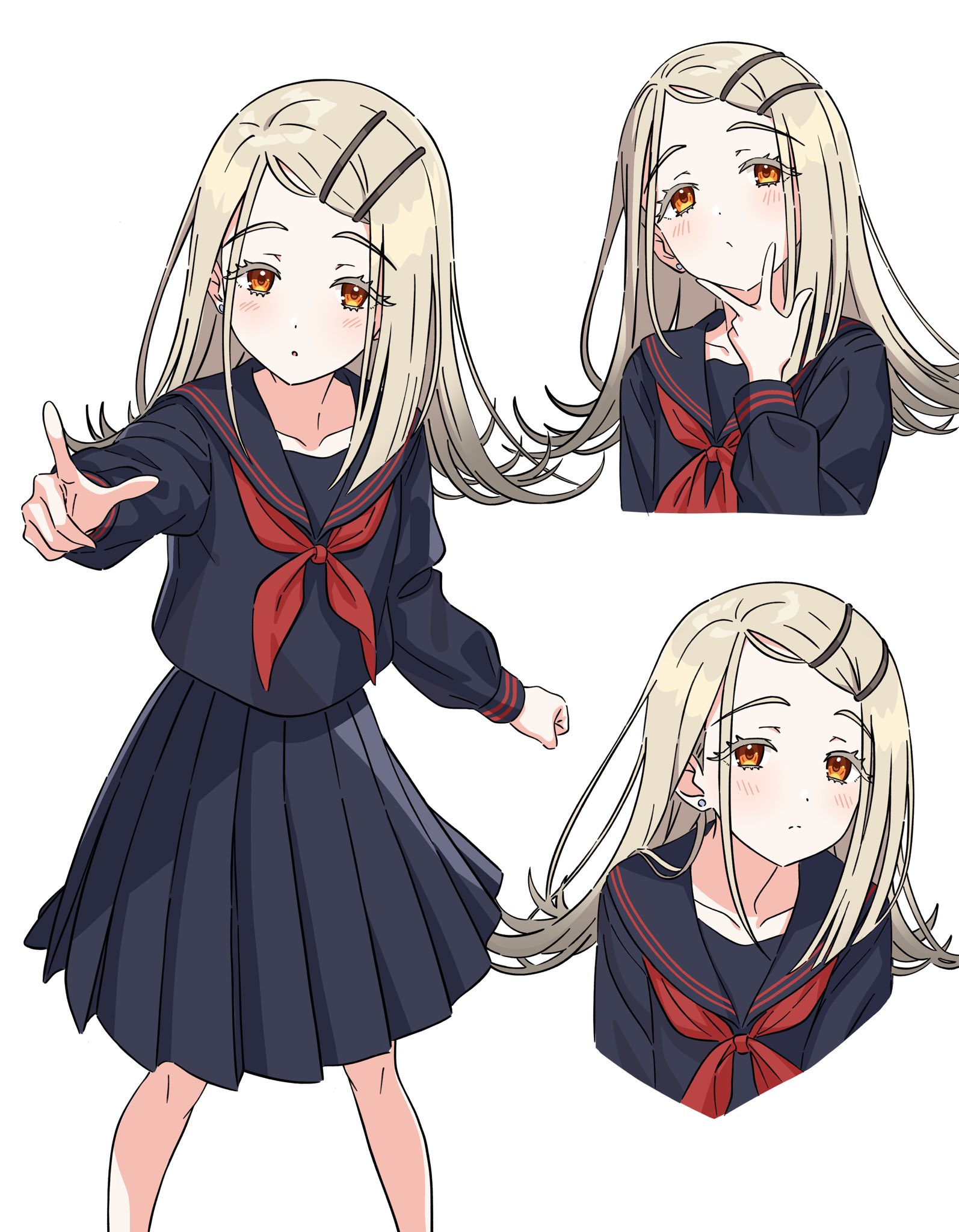 kousuke0912, shinosawa hiro, gakuen idolmaster, idolmaster, commentary request, highres, 1girl, black sailor collar, black serafuku, black shirt, black skirt, blonde hair, blush, clenched hand, closed mouth, collarbone, colored eyelashes, cropped torso, earrings, feet out of frame, flipped hair, grey hair, hair ornament, hairclip, hand up, jewelry, long hair, long sleeves, looking at viewer, looking up, multiple views, neckerchief, orange eyes, outstretched arms, parallel hairclips, parted bangs, parted lips, pleated skirt, pointing, red neckerchief, sailor collar, school uniform, serafuku, shirt, simple background, skirt, standing, stud earrings, w, w over mouth, white background