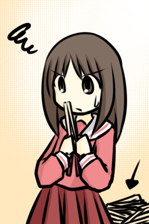 kagisuke, kasuga ayumu, azumanga daiou, bad id, bad pixiv id, lowres, 1girl, brown eyes, brown hair, chopsticks, female focus, simple background, solo