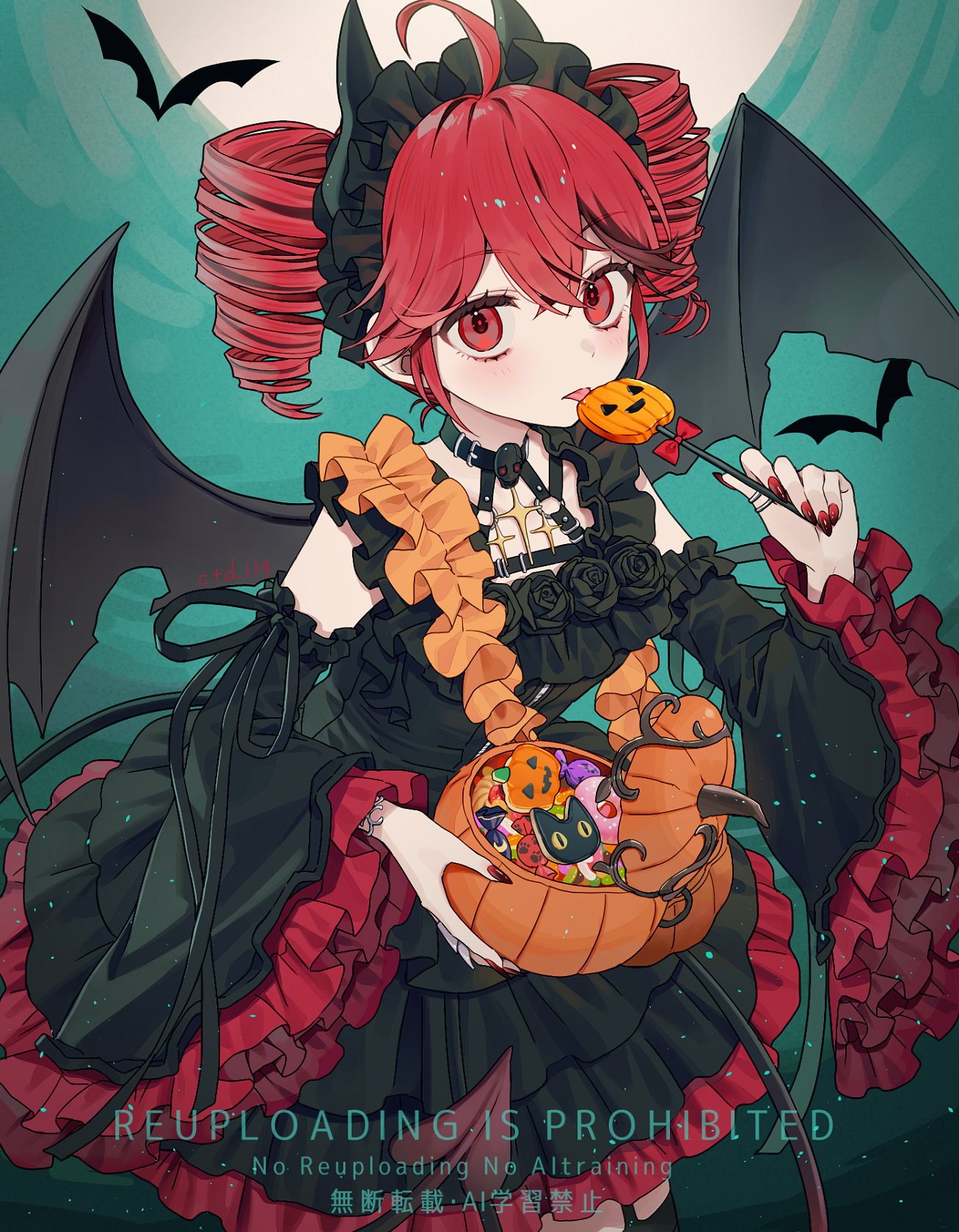 ctd 114, kasane teto, utau, commentary, highres, 1girl, ahoge, alternate costume, artist name, bare shoulders, bat wings, black dress, black hairband, black sleeves, blush, bow, candy, closed mouth, cowboy shot, crossed bangs, detached sleeves, double-parted bangs, dress, drill hair, fake horns, food, frilled sleeves, frills, hair between eyes, hairband, halloween, holding, holding candy, holding food, holding lollipop, horns, lollipop, long sleeves, looking at viewer, moon, nail polish, pumpkin, red bow, red eyes, red hair, red nails, short hair, sleeveless, sleeveless dress, solo, tongue, tongue out, twin drills, watermark, wings