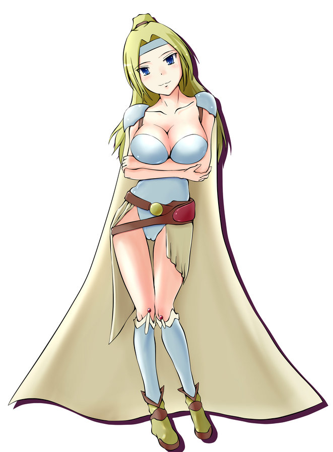 maguro (fufu), rosa farrell, final fantasy, final fantasy iv, breast hold, 1990s (style), 1girl, belt, blonde hair, blue eyes, boots, breasts, cameltoe, cape, cleavage, crossed arms, female focus, full body, large breasts, legs, long hair, ponytail, retro artstyle, simple background, solo, thighs