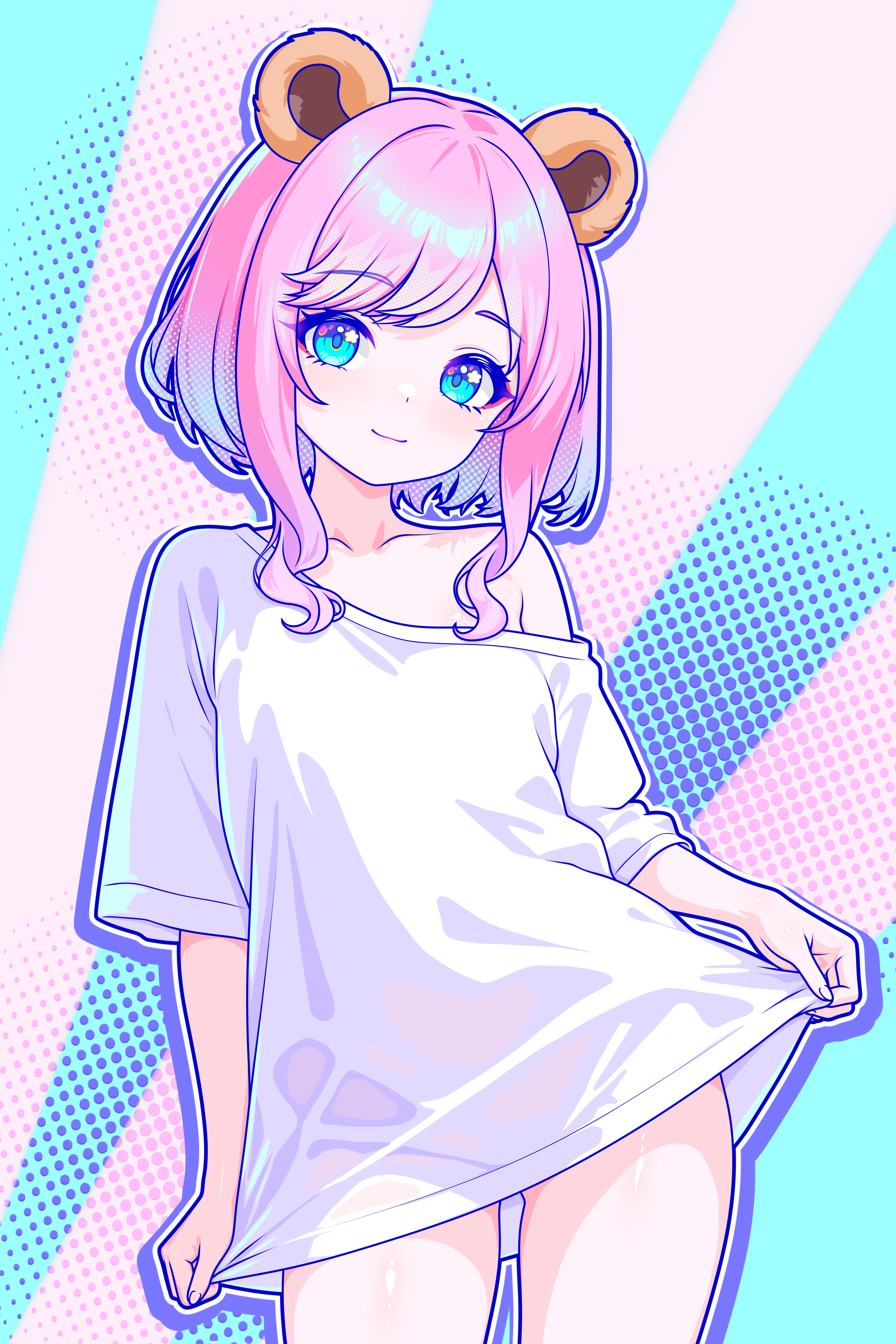 finn flint, sati akura, indie virtual youtuber, absurdres, highres, variant set, 1girl, animal ears, bear ears, blue eyes, closed mouth, cowboy shot, looking at viewer, no pants, outline, pink hair, purple outline, shirt, short hair, short sleeves, sidelocks, single bare shoulder, smile, t-shirt, virtual youtuber, white outline, white shirt
