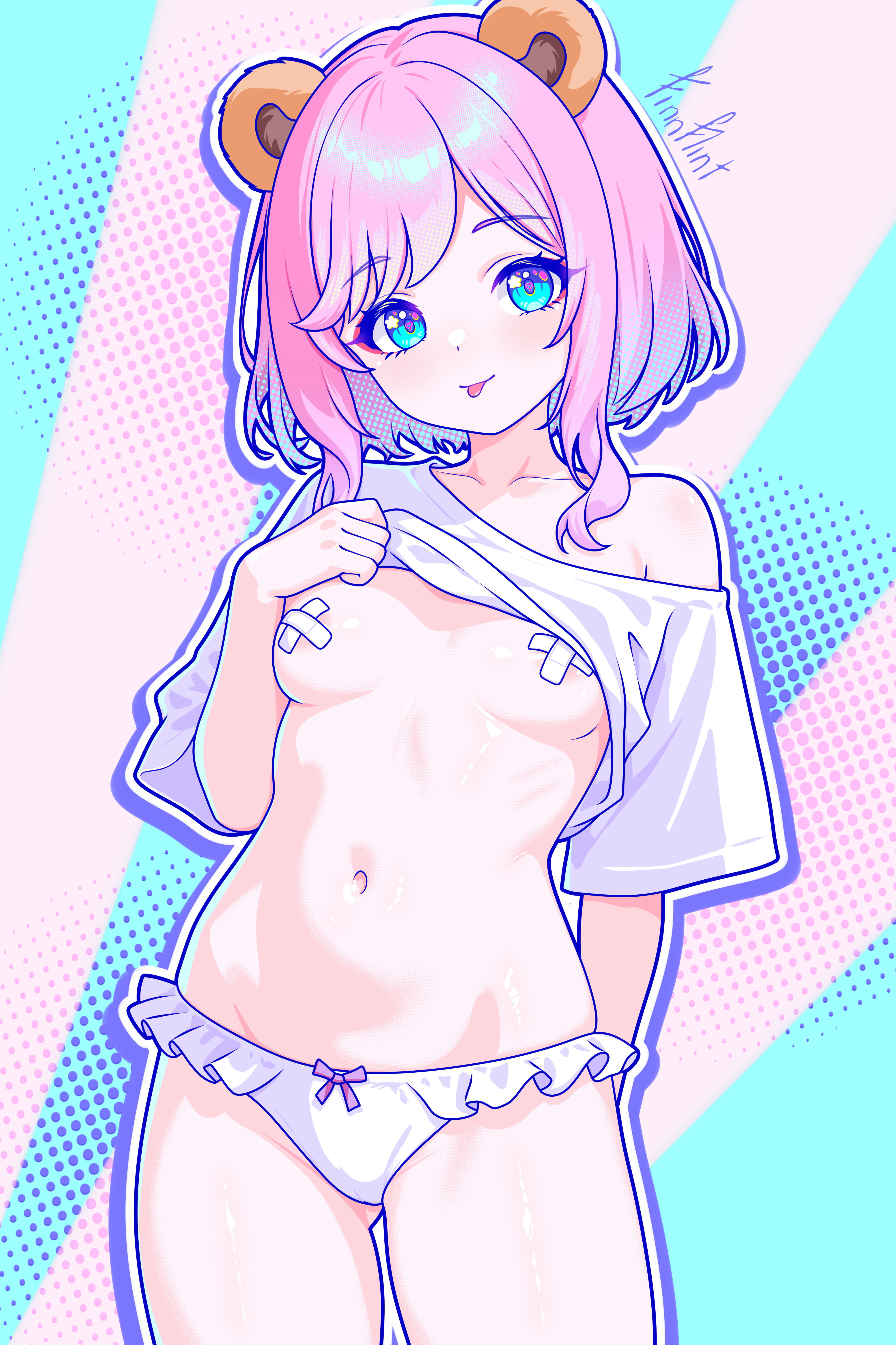 finn flint, sati akura, indie virtual youtuber, absurdres, highres, variant set, 1girl, animal ears, areola slip, arm behind back, artist name, bandaid, bandaids on nipples, bear ears, blue eyes, bow, bow panties, breasts, closed mouth, clothes lift, collarbone, cowboy shot, frilled panties, frills, looking at viewer, navel, no bra, outline, panties, pasties, pink hair, purple outline, shirt lift, short hair, sidelocks, single bare shoulder, small breasts, smile, stomach, tongue, tongue out, underwear, virtual youtuber, white outline, white panties