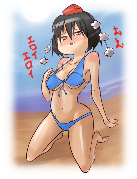 buki56, kimeemaru, shameimaru aya, touhou, bad id, bad pixiv id, translation request, 1girl, ayastyle, barefoot, bikini, blush, breasts, female focus, hat, kneeling, looking at viewer, name connection, pun, solo, swimsuit, underboob, wardrobe error, yukkuri shiteitte ne