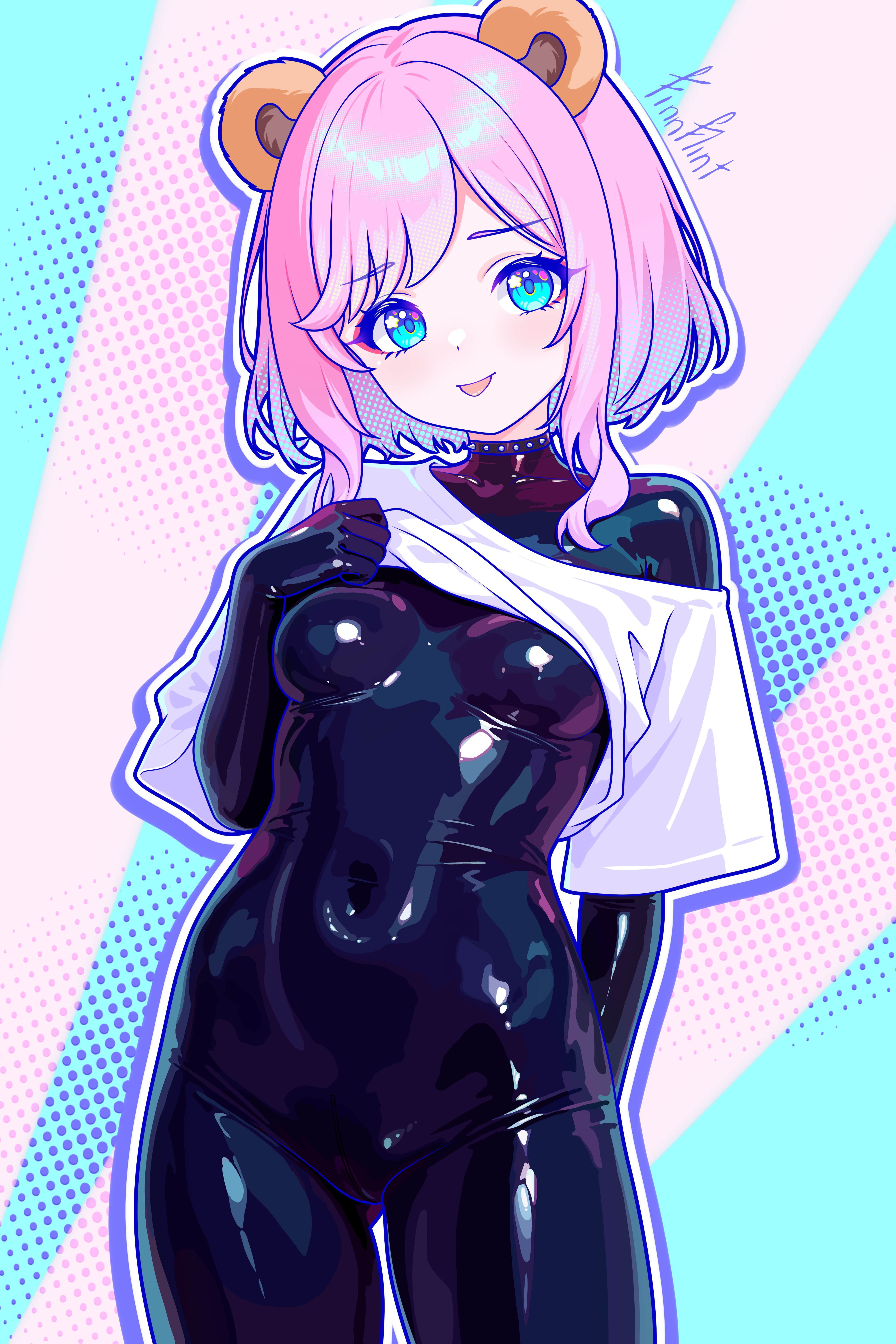 finn flint, sati akura, indie virtual youtuber, absurdres, highres, variant set, 1girl, animal ears, arm behind back, artist name, bear ears, black bodysuit, black choker, blue eyes, bodysuit, breasts, choker, closed mouth, clothes lift, cowboy shot, latex, latex bodysuit, looking at viewer, outline, pink hair, purple outline, shirt, shirt lift, short hair, sidelocks, small breasts, smile, t-shirt, virtual youtuber, white outline, white shirt