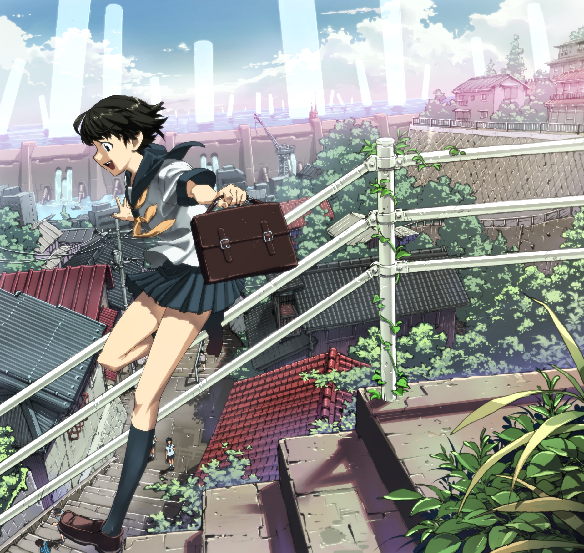 tatsuwo, original, brown footwear, bad id, bad pixiv id, highres, 3boys, 3girls, album cover, androgynous, back, bag, black hair, black socks, building, cityscape, cloud, cloudy sky, cover, crane (machine), day, flood, jumping, kneehighs, kneepits, legs, miniskirt, multiple boys, multiple girls, nature, ocean, open mouth, outdoors, plant, pleated skirt, power lines, railing, rooftop, scenery, school bag, school uniform, serafuku, shirt, shoes, short hair, short sleeves, skirt, sky, smile, socks, solo focus, stairs, thighs, vines, water, waterfall, white shirt