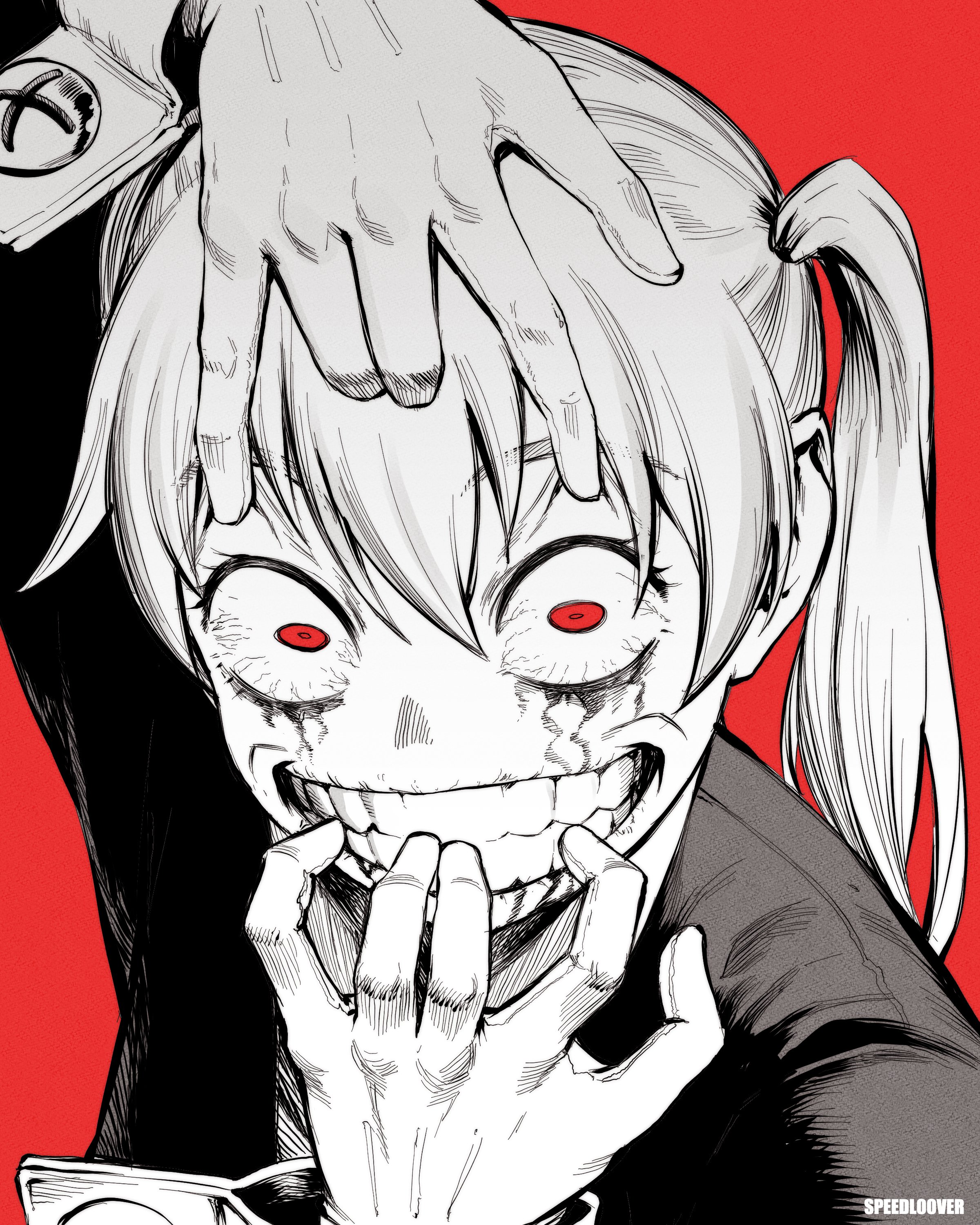 speedl00ver, maka albarn, soul eater, absurdres, highres, tagme, 1girl, clenched teeth, crazy eyes, crazy smile, gloves, grin, monochrome, red background, red eyes, smile, solo, spot color, teeth, twintails, wide-eyed