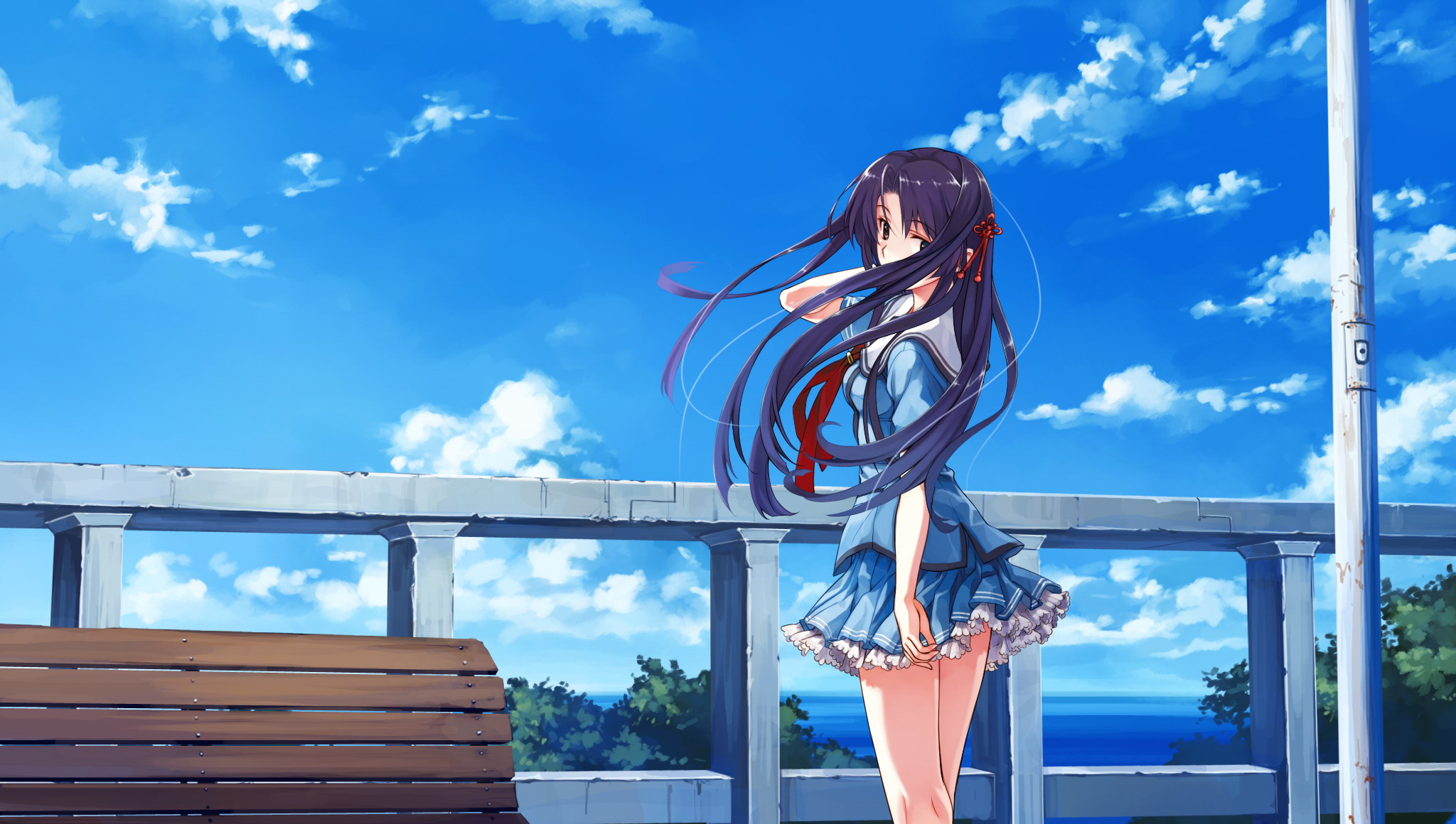 misaki kurehito, koga sayoko, suiheisen made nan mile?, team shanghai alice, game cg, highres, 1girl, bench, cloud, day, female focus, frilled skirt, frills, looking back, purple eyes, purple hair, school uniform, skirt, sky, solo, wind