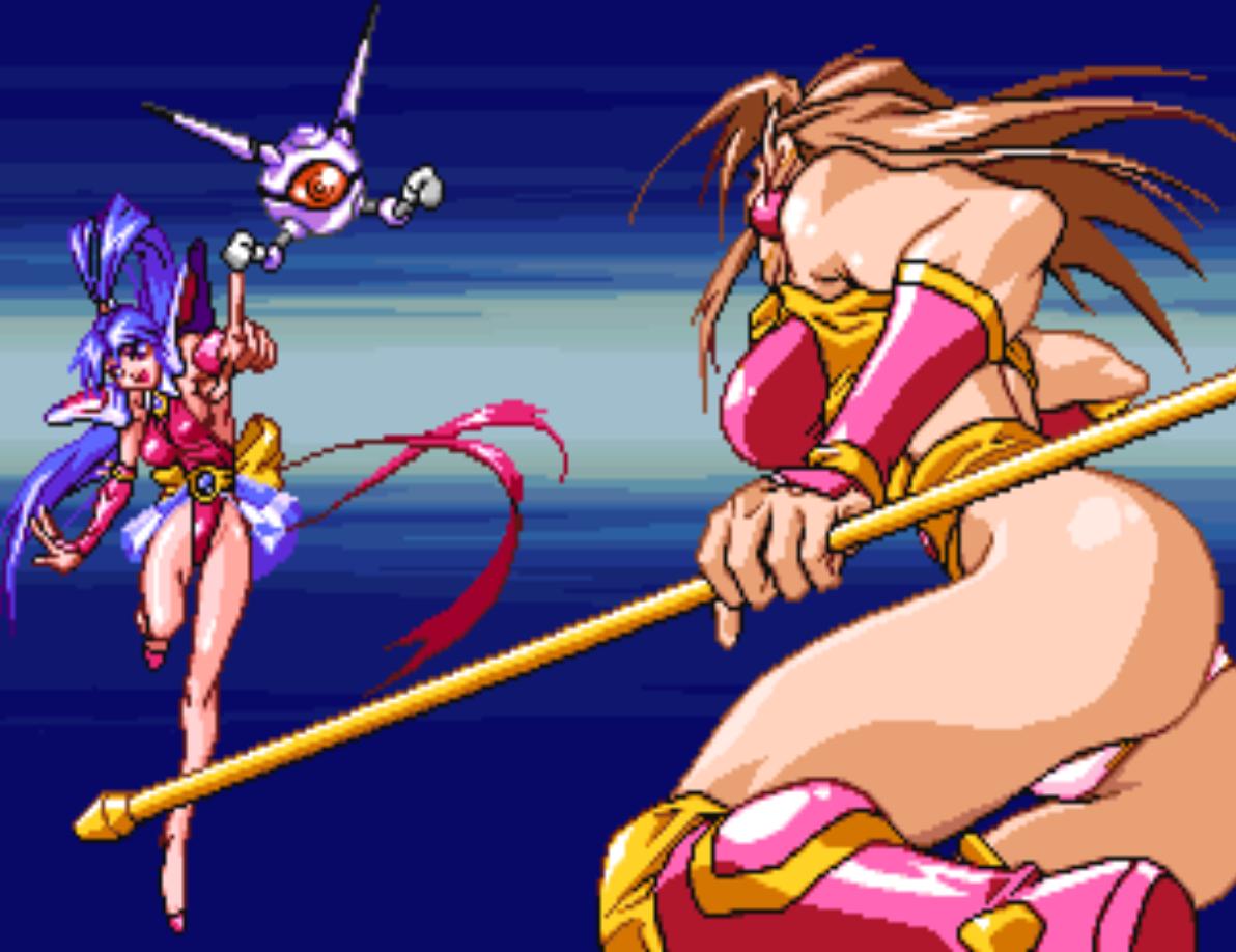 oobari masami, ball boy, hishizaki shaia (gowcaizer), son karin, choujin gakuen gowcaizer, neo geo, bad tag, ass, battle, blue hair, brown hair, fighting, panties, pixel art, underwear