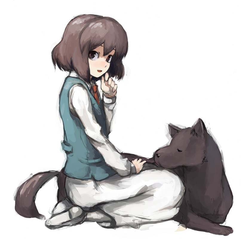 kasa (hitori sanka), helen takahara la guido, vector (helen esp), helen esp, 1girl, blind, brown eyes, brown hair, dog, long skirt, necktie, seiza, short hair, sitting, skirt, vest