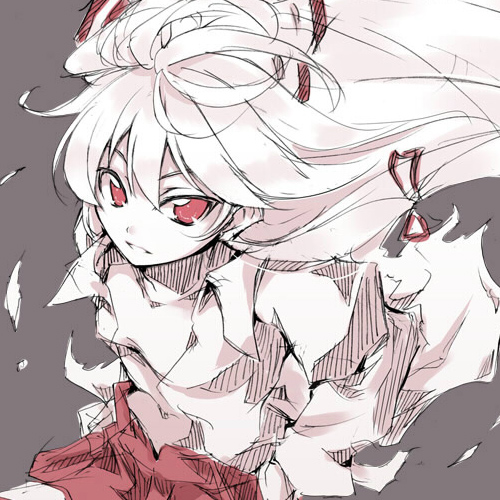 tooya, touya (the-moon), fujiwara no mokou, touhou, lowres, 1girl, albino, female focus, grey background, monochrome, red eyes, solo, spot color, torn clothes, tsurime