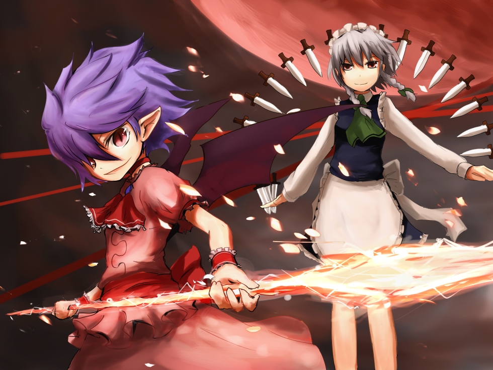 kokotetsu, izayoi sakuya, remilia scarlet, touhou, 2girls, apron, ascot, brooch, dagger, danmaku, female focus, floating, floating object, gem, jewelry, knife, long sleeves, looking at viewer, multiple girls, pointy ears, puffy short sleeves, puffy sleeves, short sleeves, vampire, waist apron, weapon, wrist cuffs