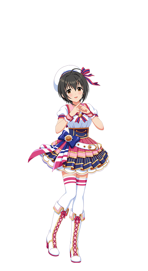 kohinata miho, idolmaster, idolmaster cinderella girls, idolmaster cinderella girls starlight stage, official art, 1girl, ahoge, black hair, boots, full body, hat, high heel boots, high heels, idol clothes, lace-up boots, puffy sleeves, solo, thighhighs, transparent background, white thighhighs, yellow eyes
