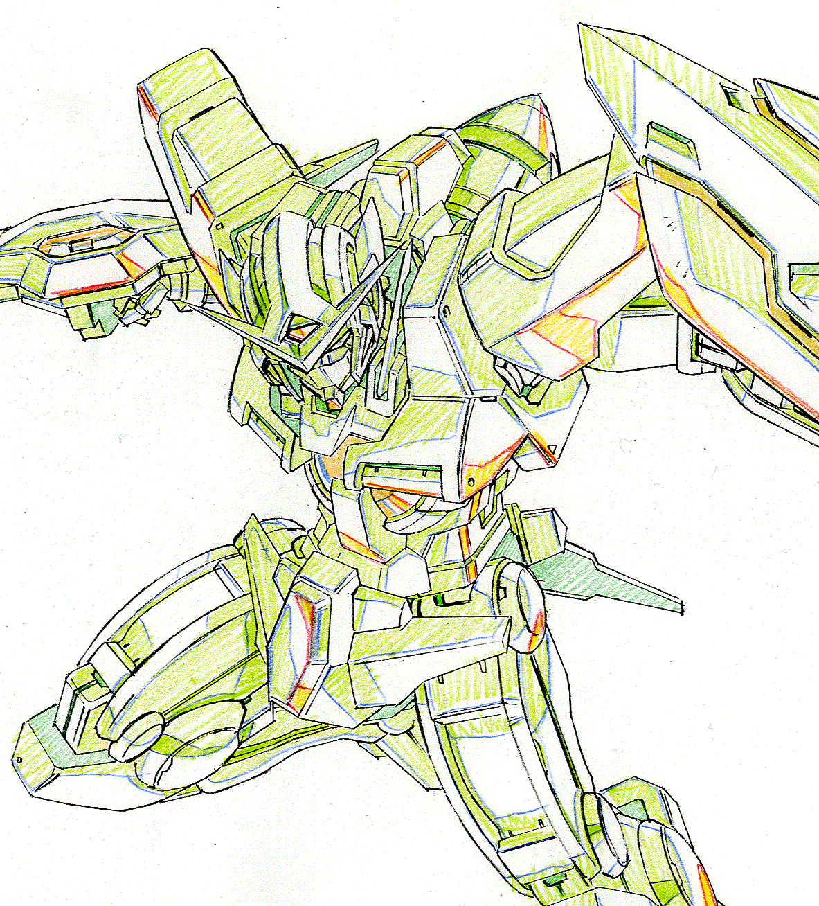 oobari masami, gundam, gundam 00, highres, 00s, bed sheet, mecha, production, robot, sketch