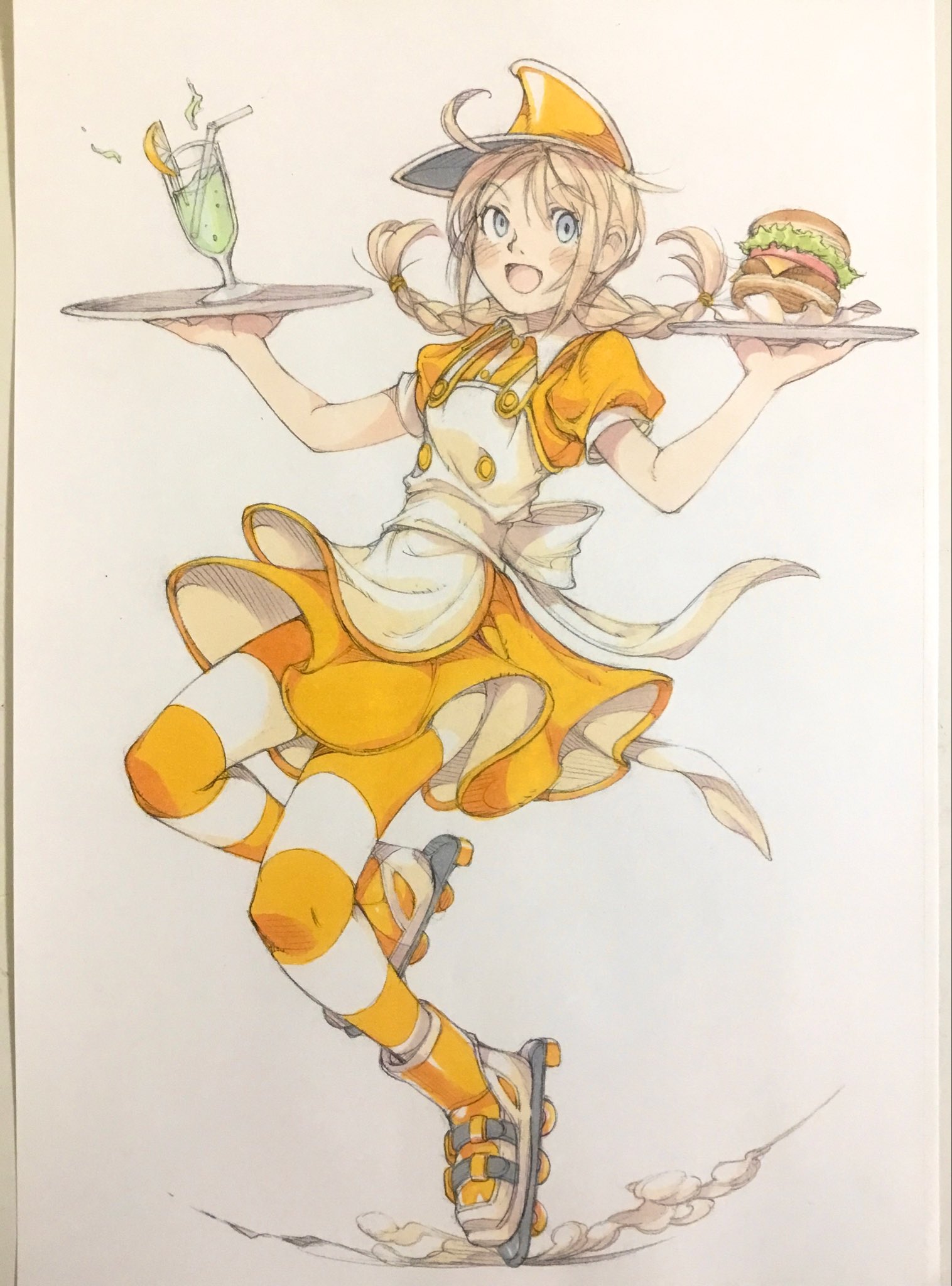 peter salt, original, hashtag-only commentary, highres, painting (medium), traditional media, 1girl, apron, blonde hair, braid, burger, buttons, cocktail glass, cup, double-breasted, dress, drinking glass, drinking straw, food, fruit, full body, holding, holding tray, lemon, lemon slice, looking at viewer, open mouth, orange dress, orange thighhighs, puffy short sleeves, puffy sleeves, roller skates, short sleeves, skates, solo, striped clothes, striped thighhighs, thighhighs, tray, twin braids, two-tone thighhighs, waitress, white apron, white thighhighs
