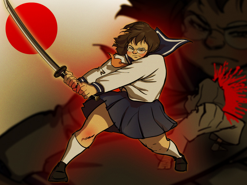 mizukiyo jiro, nippori honsha, 1girl, blood, brown hair, female focus, glasses, plump, school uniform, serafuku, short hair, solo, sword, weapon