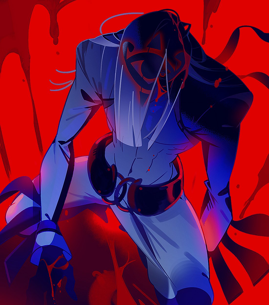 venom (guilty gear), guilty gear, highres, 1boy, belt, blood, blood on clothes, color contrast, gloves, hair over one eye, long hair, red background, red theme, squatting, white hair, yorleri22
