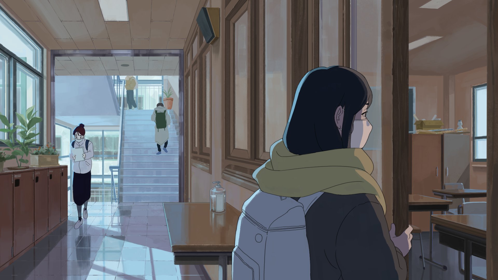 original, highres, 2boys, 2girls, backpack, bag, classroom, cupboard, hallway, hand sanitizer, indoors, multiple boys, multiple girls, plant, potted plant, railing, school, stairs, tea sotear