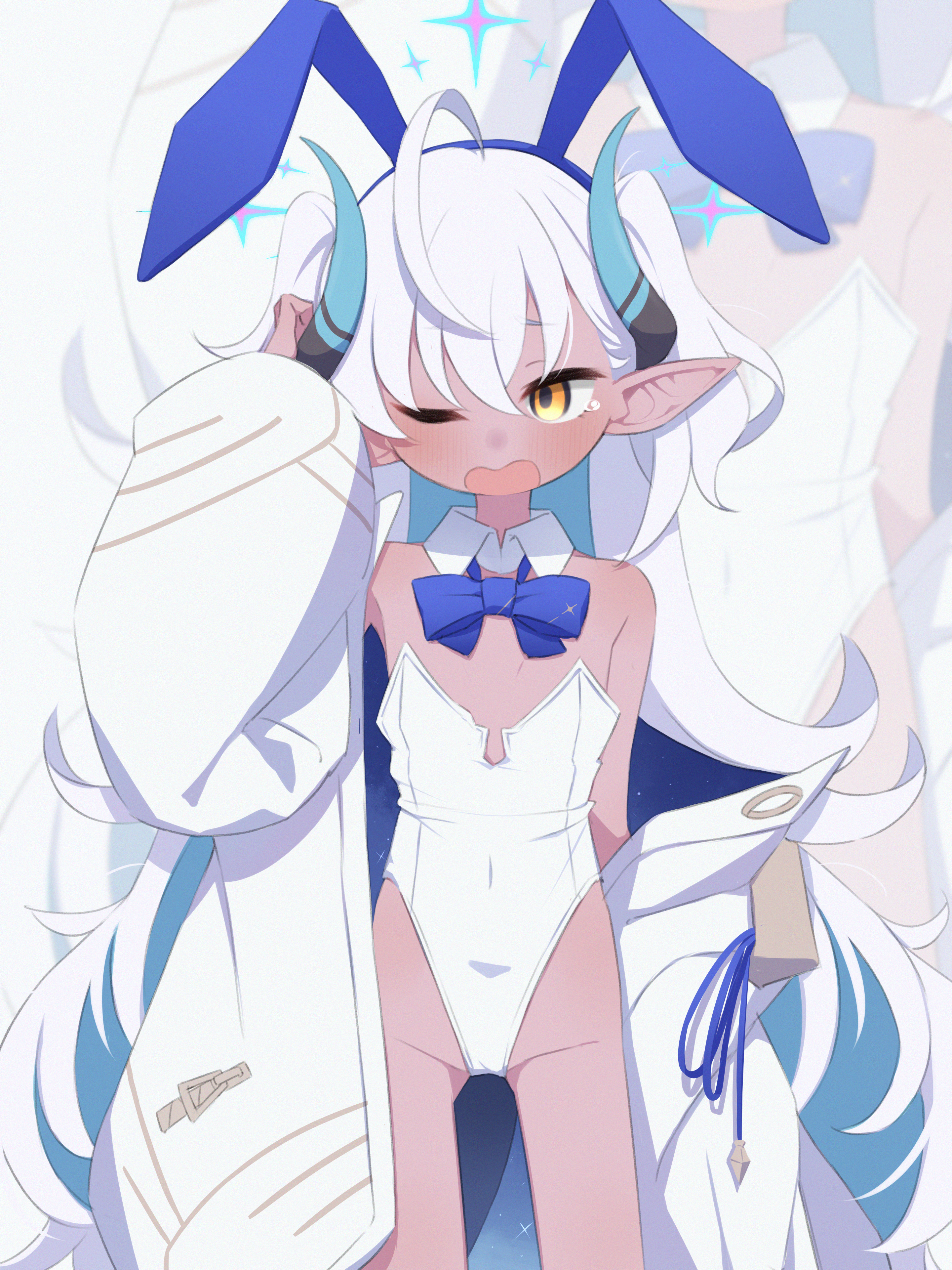 take mawile, sumomo (blue archive), blue archive, absurdres, commentary request, highres, 1girl, animal ears, bare shoulders, blue bow, blue bowtie, blue horns, bow, bowtie, dark-skinned female, dark skin, fake animal ears, highleg, highleg leotard, horns, jacket, leotard, long hair, one eye closed, open mouth, pointy ears, rabbit ears, solo, standing, tears, thighs, white hair, white jacket, white leotard, yellow eyes, zoom layer