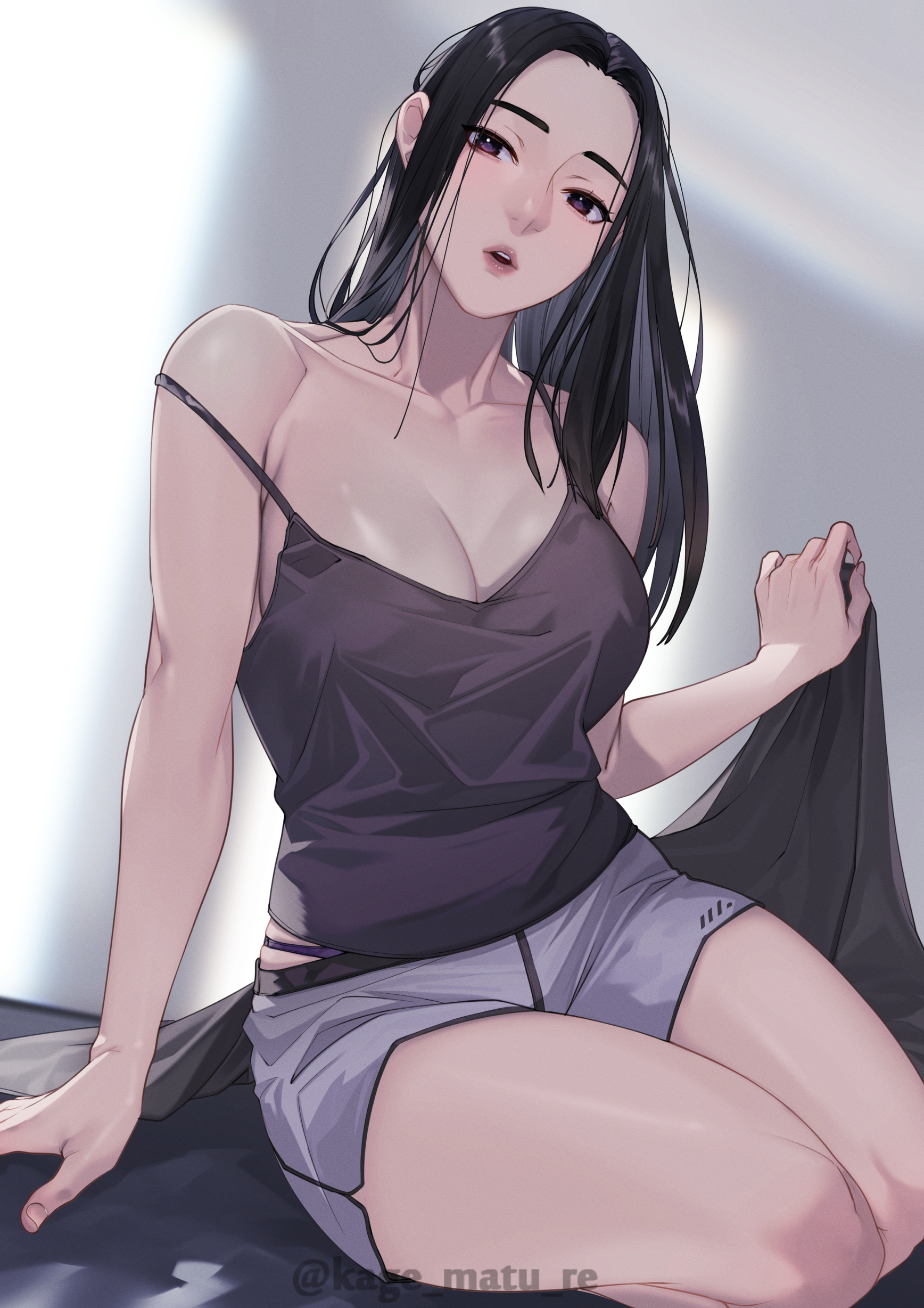 kagematsuri, original, absurdres, highres, 1girl, black camisole, black hair, blurry, blurry background, breasts, brown eyes, camisole, cleavage, indoors, large breasts, long hair, looking at viewer, mature female, shirt, short shorts, shorts, sitting, sleeveless, sleeveless shirt, solo, spaghetti strap, strap slip