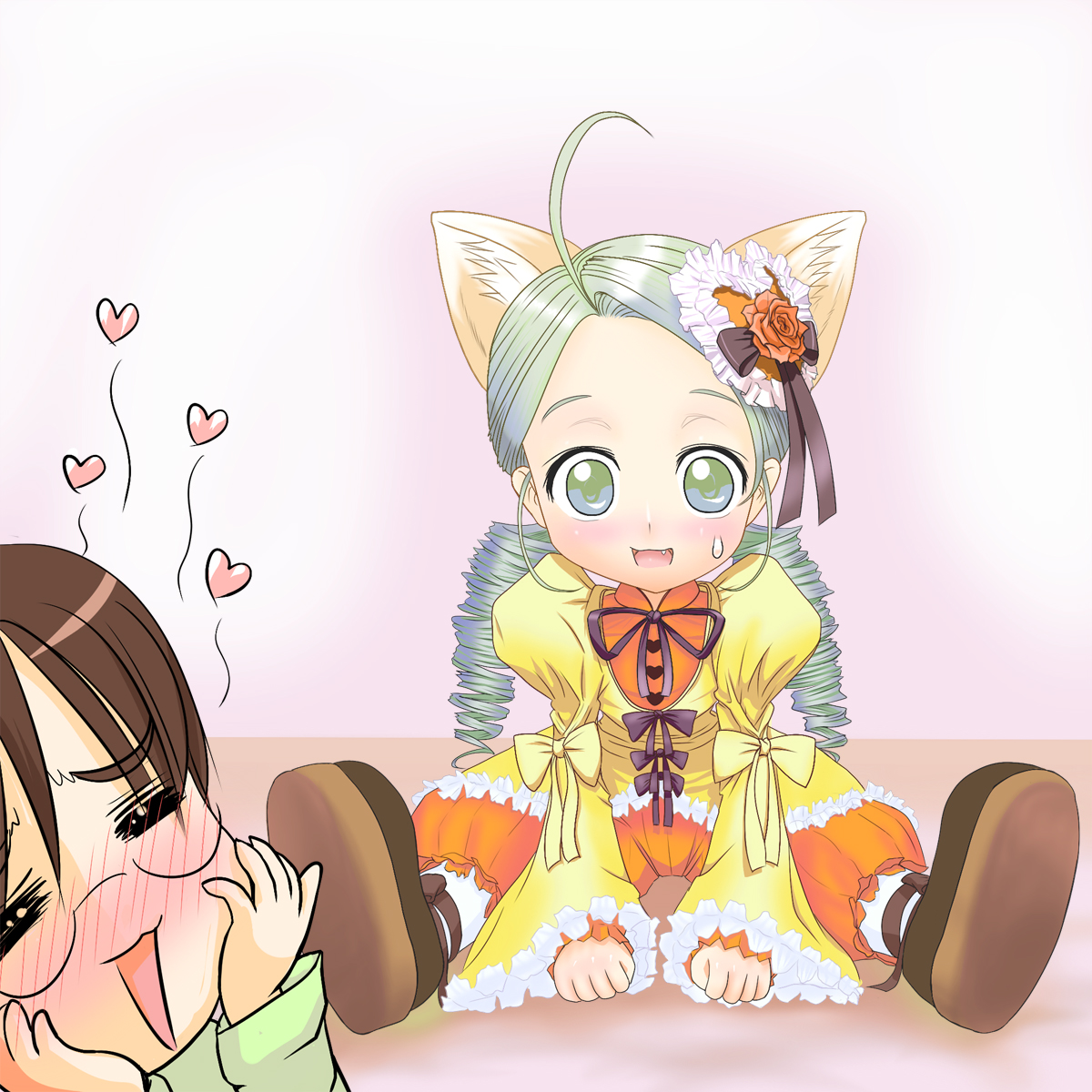 ishikkoro, kanaria, kusabue mitsu, rozen maiden, highres, 00s, ahoge, animal ears, blush, brown hair, cat ears, drill hair, fang, glasses, green eyes, green hair, heart, sweatdrop, twintails