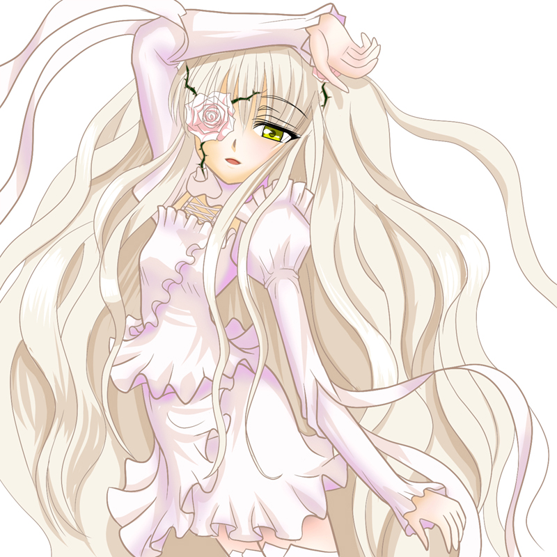 ishikkoro, kirakishou, rozen maiden, 00s, dress, eyepatch, flower, frills, long hair, rose, solo, white hair, yellow eyes