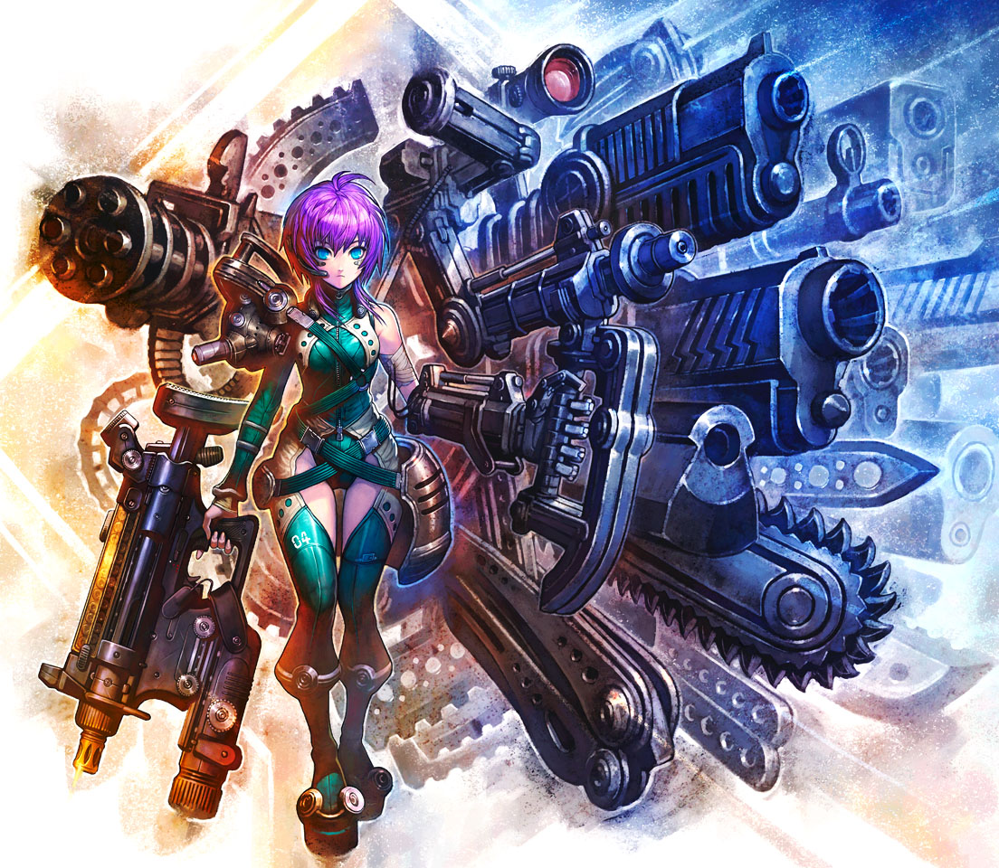 arina nary, original, 1girl, bandages, blue eyes, bodysuit, chainsaw, female focus, full body, gun, hip focus, knife, purple hair, short hair, solo, weapon, wide hips