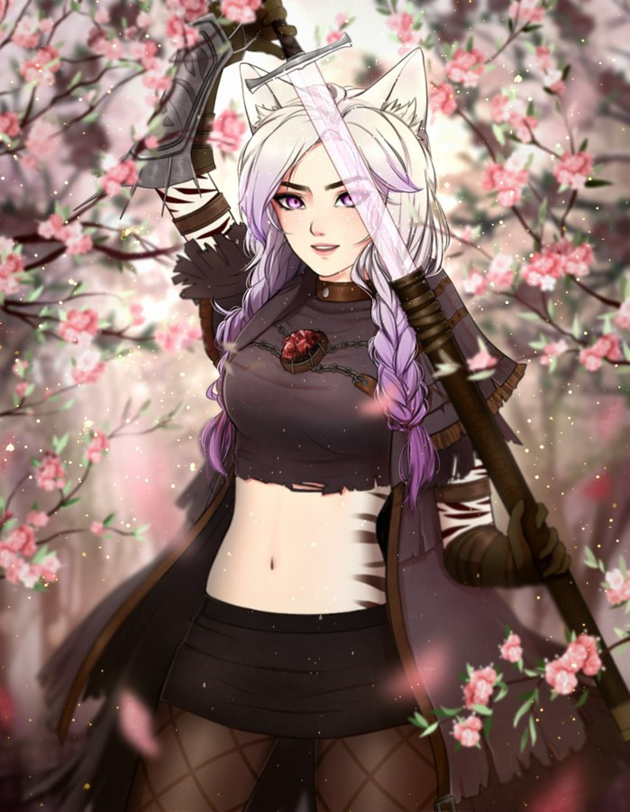 lyusiola, character request, commentary, 1girl, animal ears, archeage, arm armor, black gloves, black pantyhose, black skirt, blurry, blurry background, braid, braided sidelocks, breasts, cape, cat ears, cat girl, chain, chest jewel, cowboy shot, elbow gloves, fishnet pantyhose, fishnets, flower, gem, gloves, gradient hair, grey cape, grey tank top, holding, holding sheath, holding sword, holding weapon, light particles, lips, long hair, looking at viewer, medium breasts, midriff, miniskirt, multicolored hair, nature, navel, nose, outdoors, pantyhose, parted lips, pink flower, purple eyes, purple hair, red gemstone, sheath, skirt, solo, sword, tank top, teeth, upper teeth only, weapon, white hair