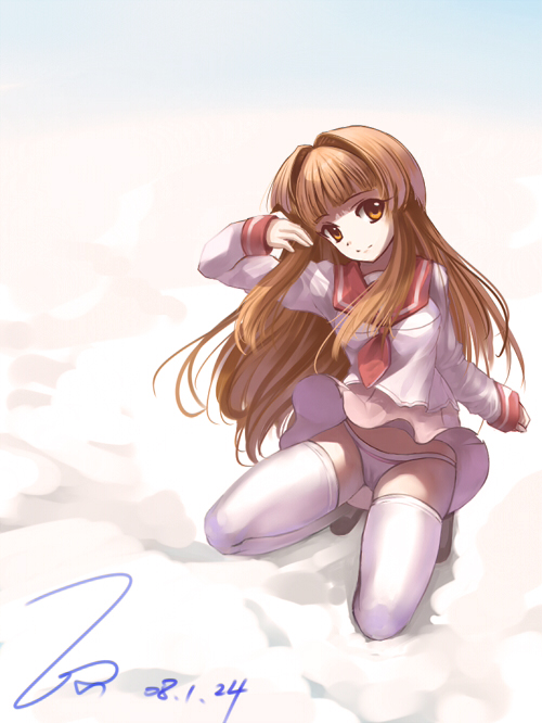 miyazakisoul, seto sun, seto no hanayome, white legwear, 00s, adjusting hair, brown hair, long hair, panties, pantyshot, school uniform, skirt, smile, squatting, thighhighs, underwear, wind, wind lift