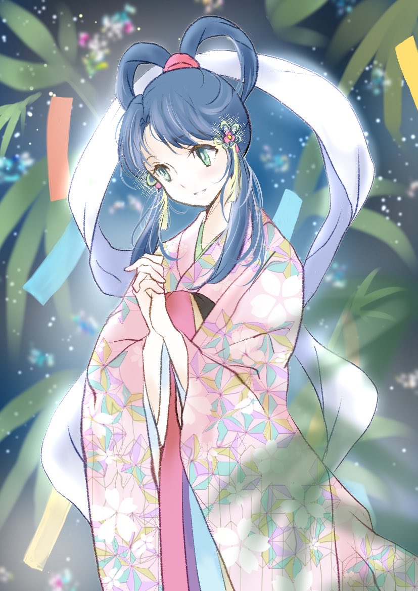 arcboc, orihime (tanabata), japanese mythology, commentary, 1girl, bamboo, blue hair, floral print, floral print kimono, green eyes, hagoromo, hair ornament, hair rings, interlocked fingers, japanese clothes, kimono, own hands together, print kimono, shawl, solo, tanabata, tanzaku