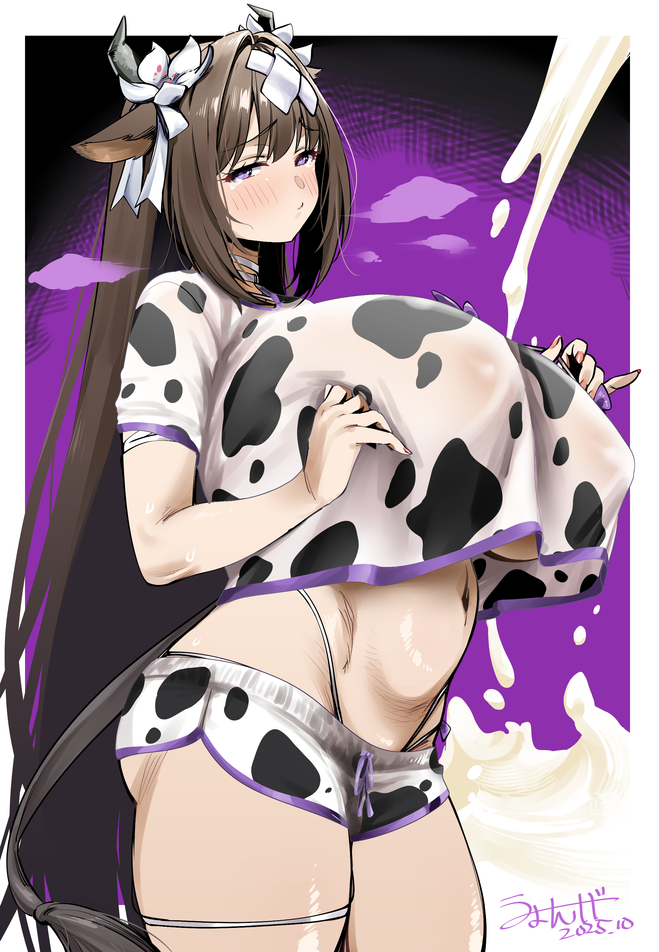 umyonge (lkakeu), kashino (azur lane), azur lane, absurdres, highres, 1girl, animal print, blush, breasts, brown hair, covered erect nipples, cow girl, cow horns, cow print, cow tail, dolphin shorts, flower, hair flower, hair ornament, highleg, highleg panties, horns, huge breasts, large breasts, long hair, looking at viewer, milk, navel, panties, purple eyes, shirt, short sleeves, shorts, solo, tail, thigh strap, underwear