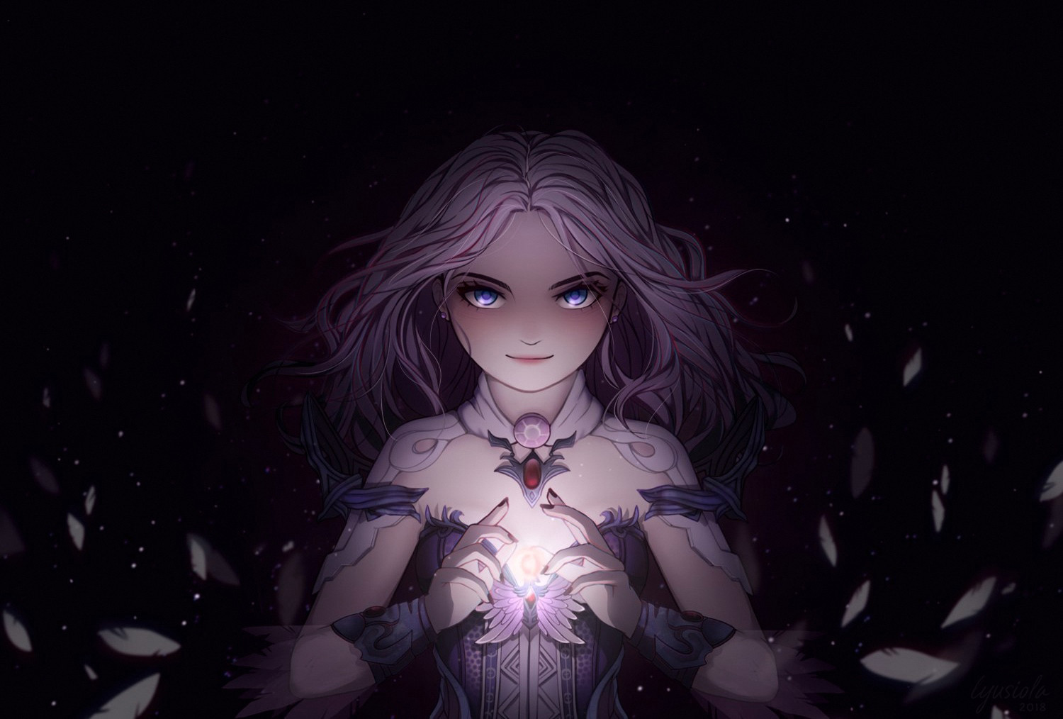 lyusiola, character request, commentary, 1girl, archeage, black background, breasts, cape, casting spell, closed mouth, detached sleeves, dress, earrings, eyelashes, feathers, gem, hands up, jewelry, light particles, lips, looking at viewer, nose, purple dress, purple eyes, purple hair, purple nails, red gemstone, small breasts, smile, solo, upper body, white cape