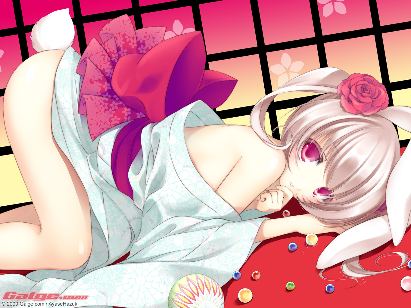 ayase hazuki, galge.com, original, 1girl, 2009, animal ears, bare legs, bare shoulders, breasts, colored eyelashes, eyelashes, female focus, flower, hair flower, hair ornament, japanese clothes, kimono, looking at viewer, marble (toy), nipple slip, nipples, no panties, parted lips, purple eyes, rabbit ears, rabbit tail, small breasts, solo, tail, top-down bottom-up, white hair