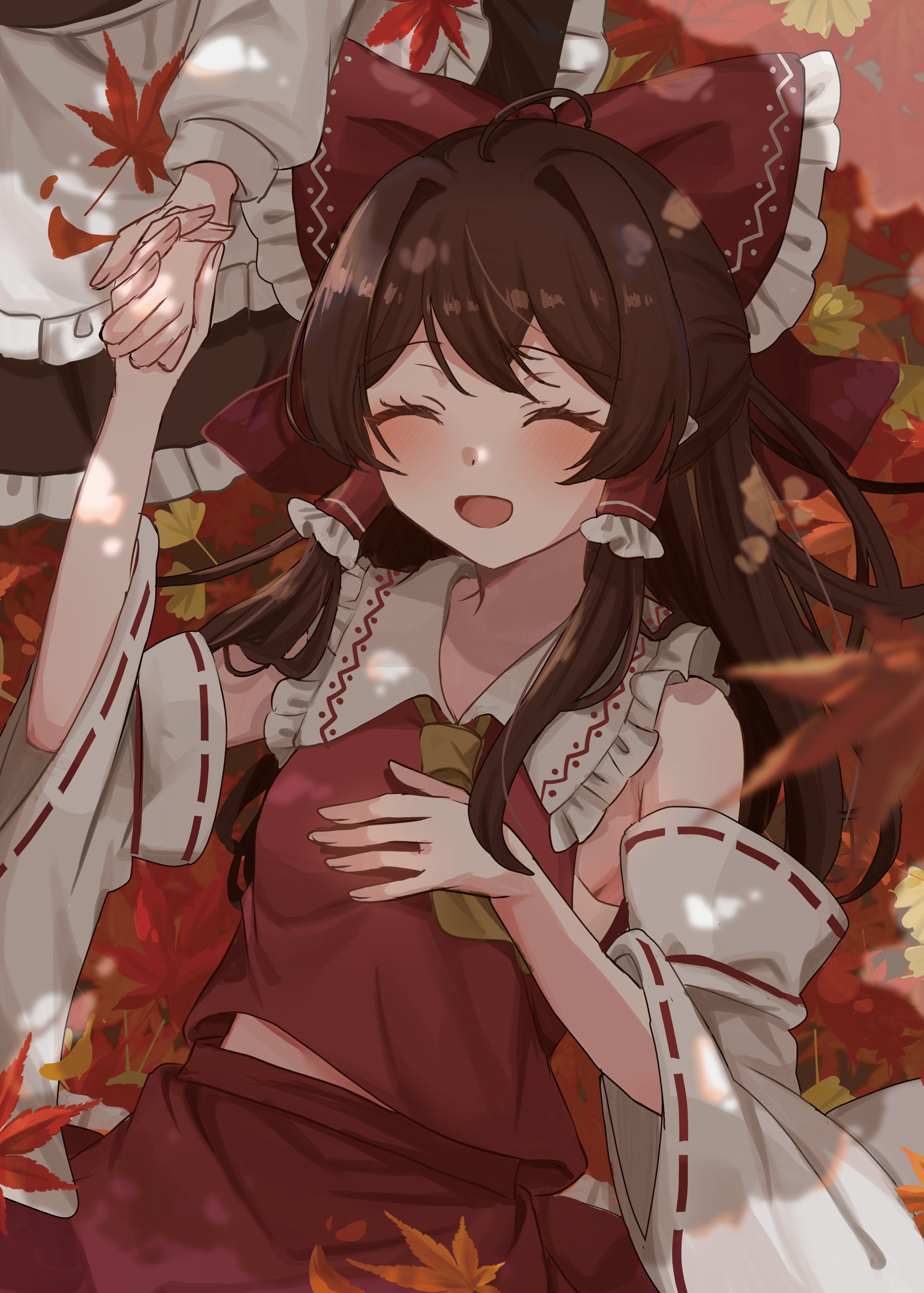 ikeyan0677, hakurei reimu, kirisame marisa, touhou, absurdres, highres, 2girls, autumn leaves, blush, bow, brown hair, closed eyes, detached sleeves, dress, holding hands, leaf, long hair, lying, maple leaf, multiple girls, nature, outdoors, red bow, red dress, smile, sunlight, white sleeves, yellow bow