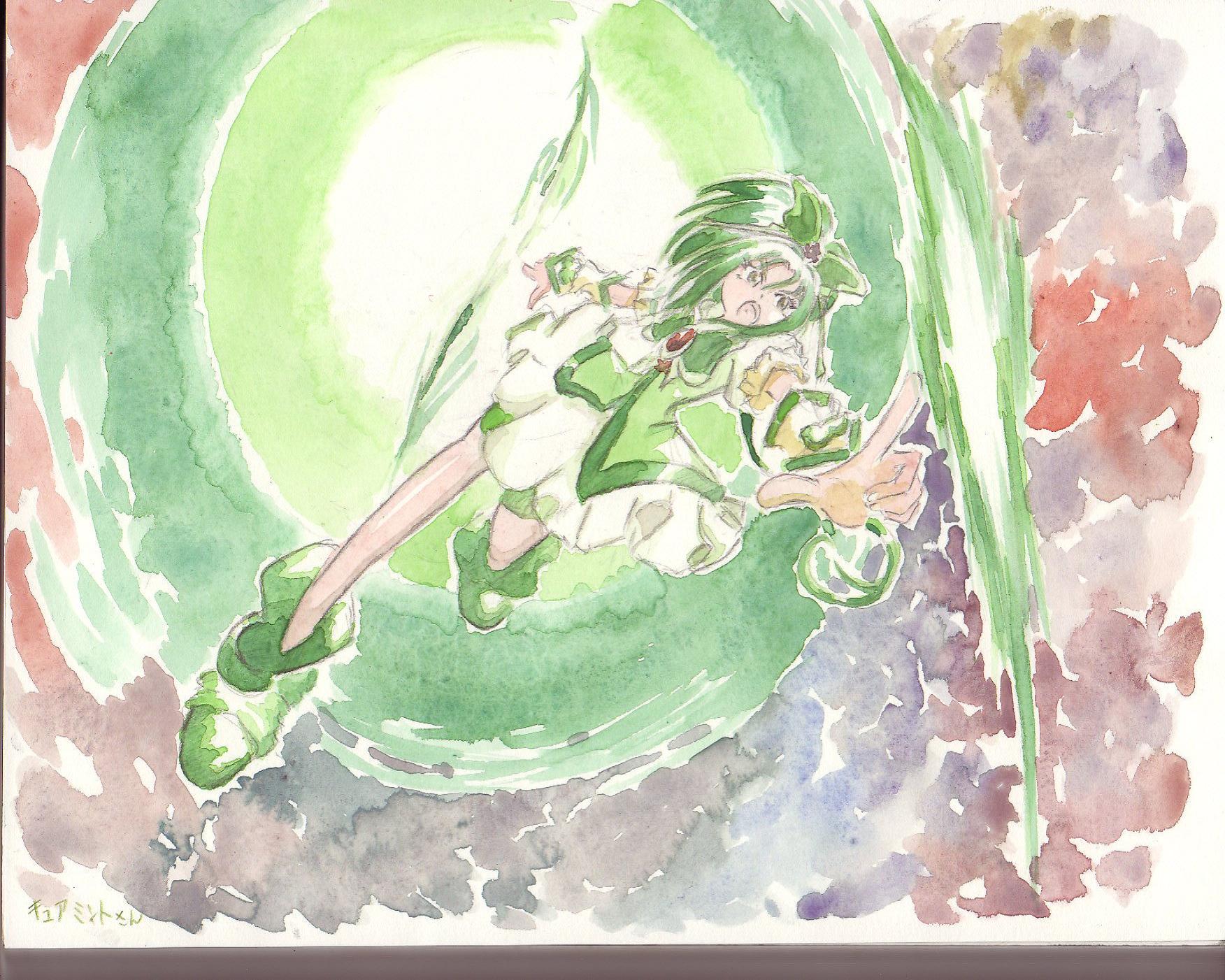 moodame, akimoto komachi, cure mint, precure, yes! precure 5, highres, painting (medium), traditional media, watercolor (medium), 00s, 1girl, butterfly hair ornament, female focus, green shorts, hair ornament, magical girl, shorts, shorts under skirt, solo