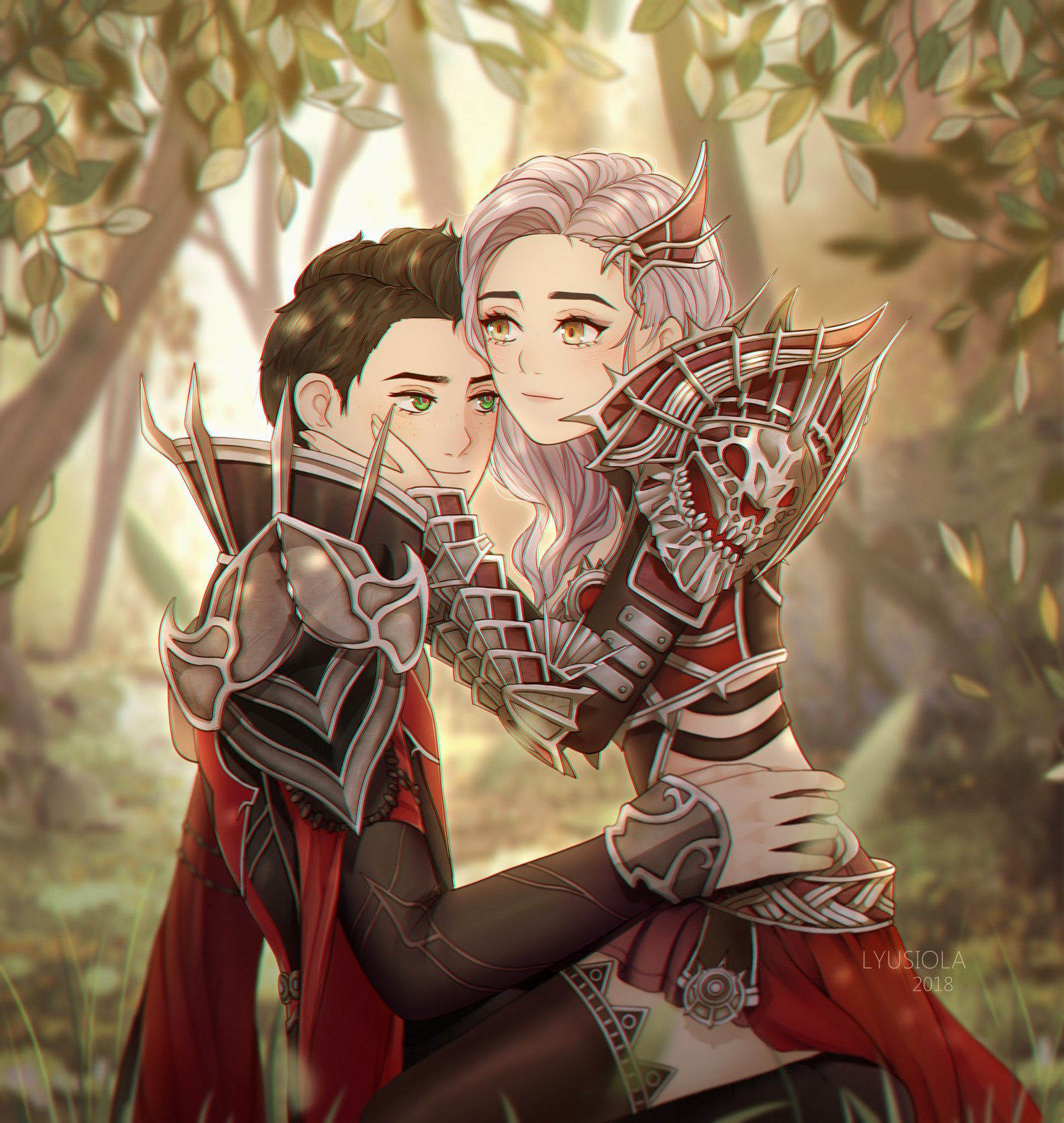 lyusiola, character request, commentary, highres, 1boy, 1girl, archeage, arm armor, armor, artist name, black thighhighs, blurry, blurry background, breasts, brown hair, closed mouth, dated, detached sleeves, eyelashes, freckles, green eyes, grey hair, hair ornament, hand on another's cheek, hand on another's face, hand on another's stomach, long hair, looking at another, looking to the side, midriff, nature, nose, outdoors, red pupils, red skirt, short hair, shoulder armor, sitting, skirt, small breasts, smile, thighhighs, watermark, yellow eyes