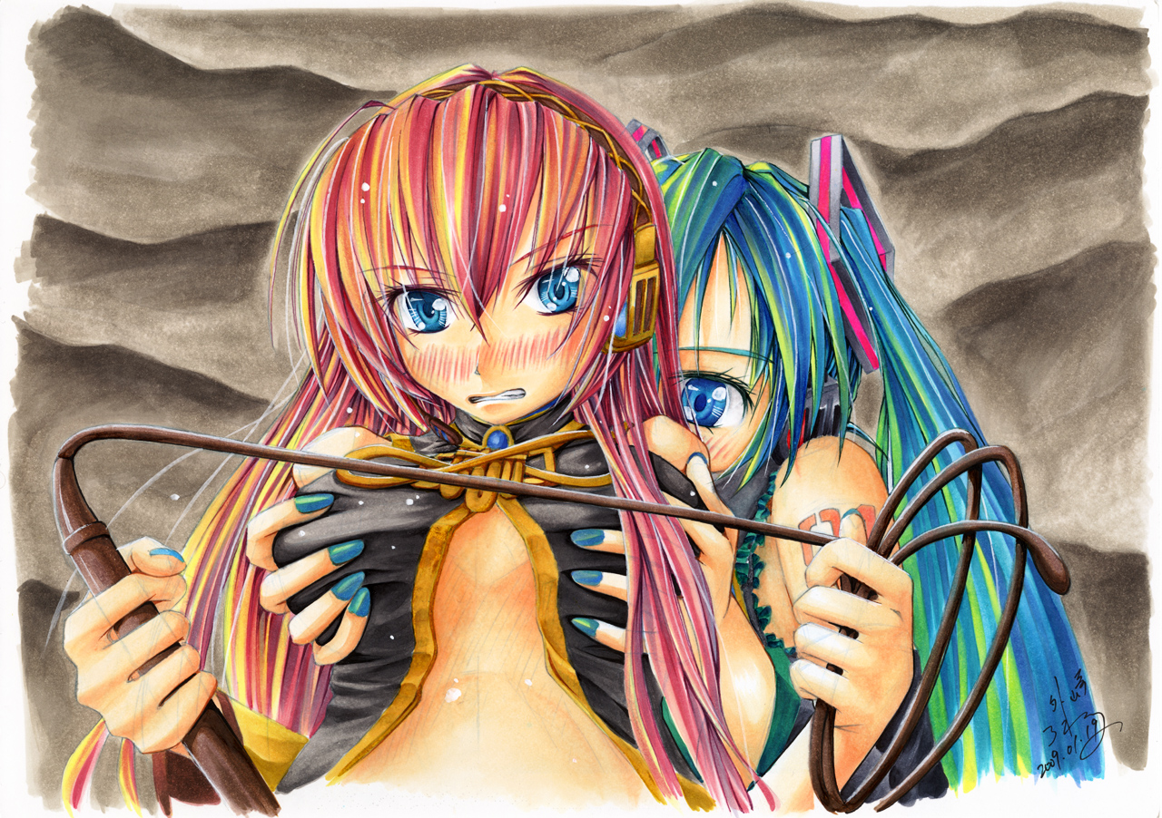 roreru, hatsune miku, megurine luka, vocaloid, traditional media, 2girls, blue eyes, breasts, grabbing another's breast, green hair, groping, long hair, multiple girls, pink hair, whip, yuri