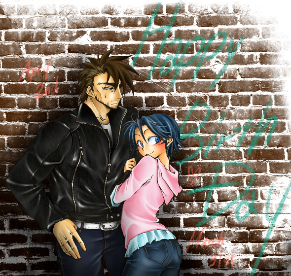 tsukanami, takekura gen, takekura gen (musashi), taki suzuna, eyeshield 21, bad id, bad pixiv id, 00s, 1boy, 1girl, arm hug, ass, blue eyes, blue hair, blush, brown hair, couple, denim, hetero, hood, hoodie, hug, jacket, jeans, leather, leather jacket, mohawk, pants, short hair, spiked hair, sweatdrop, sweater