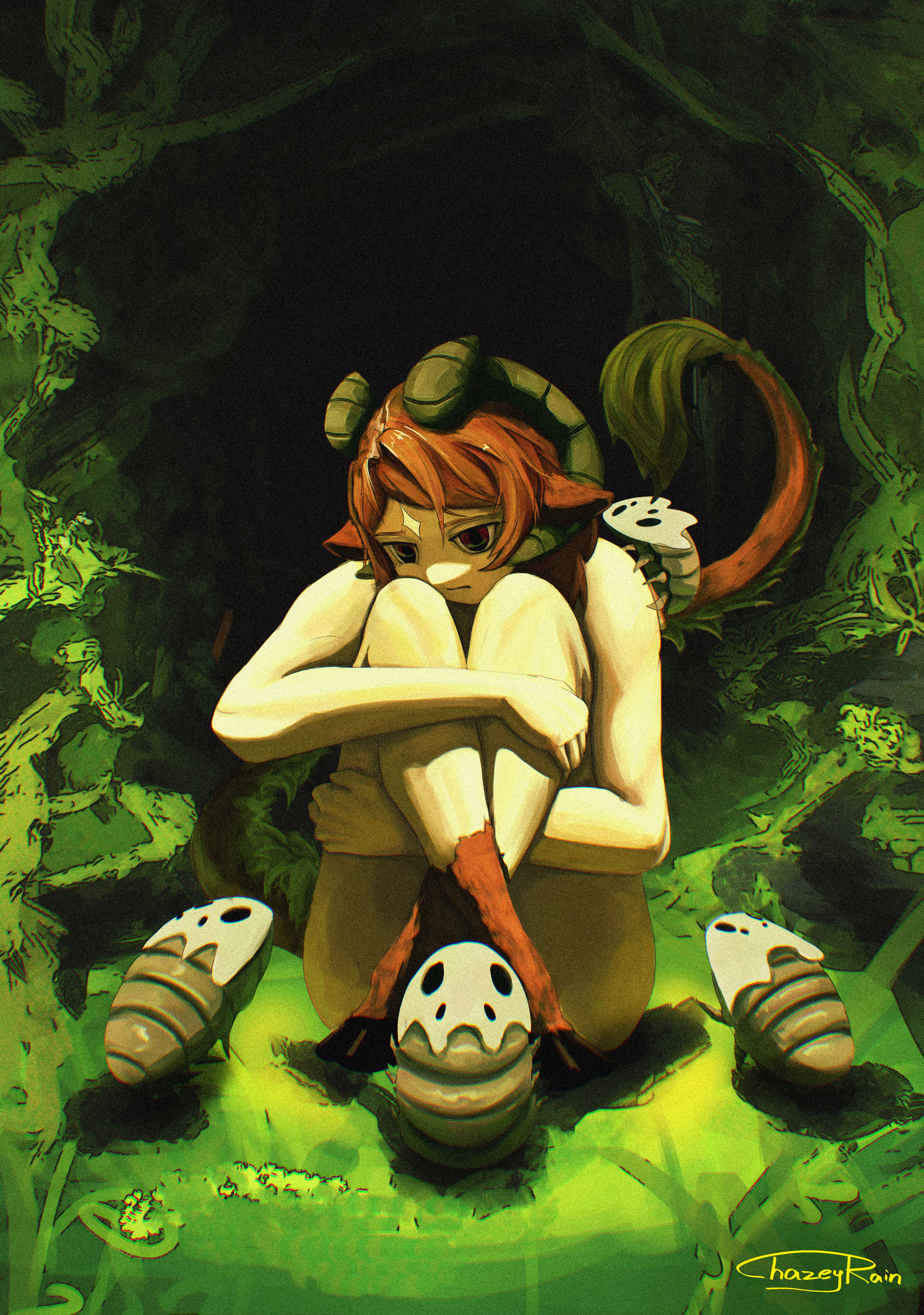 chazeyrain, hollow knight, hollow knight: silksong, absurdres, highres, 1girl, animal ears, beastling (hollow knight), brown hair, green horns, hooves, horns, nude, on ground, sheep ears, sheep girl, sheep horns, sitting