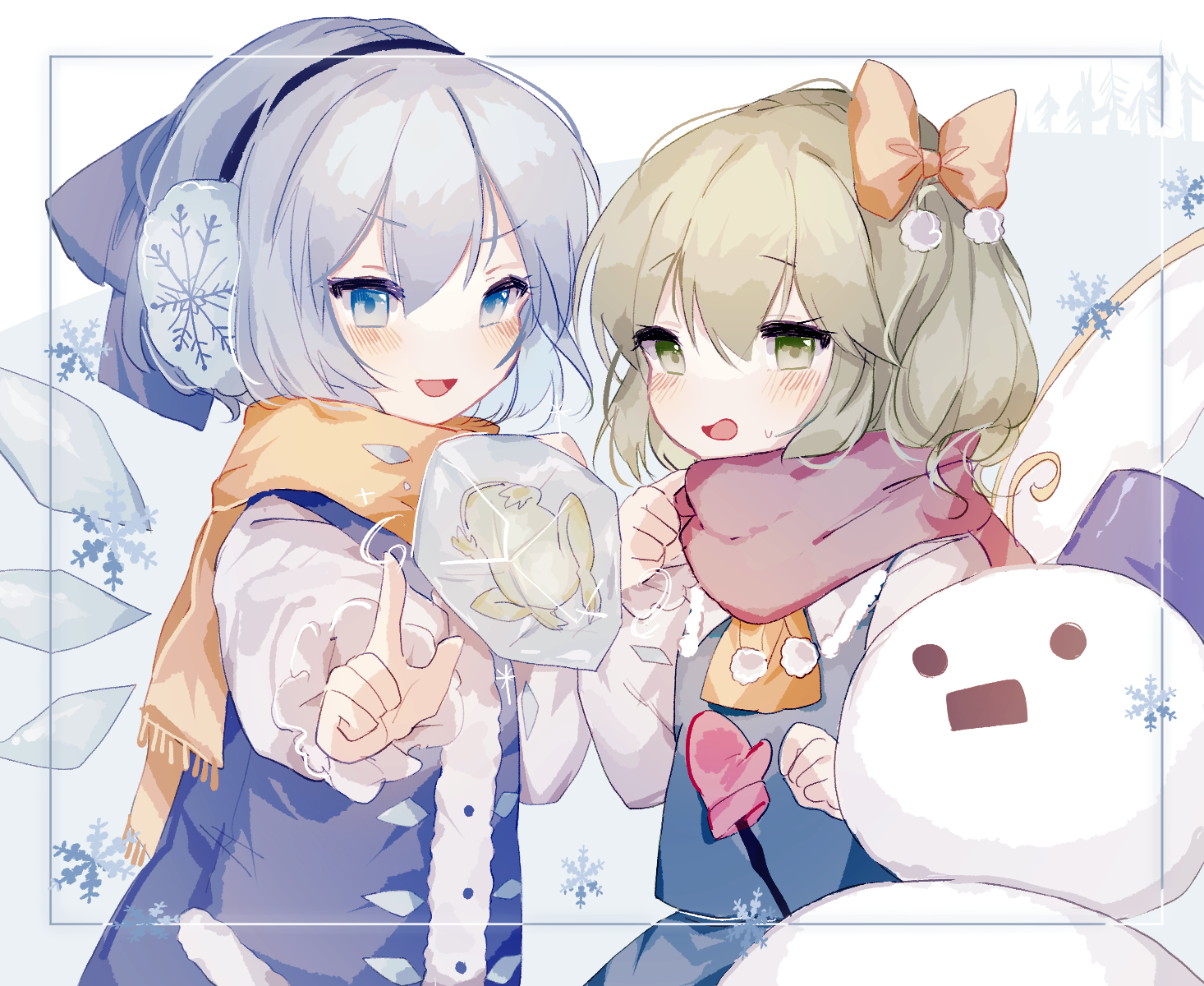 sorani (kaeru0768), cirno, daiyousei, touhou, commentary, highres, 2girls, adapted costume, alternate costume, ascot, blue bow, blue hair, blush, bow, detached wings, earmuffs, fairy, fairy wings, frog, frozen frog, green hair, hair bow, hair ornament, ice, ice wings, looking at object, multiple girls, multiple wings, one side up, pom pom (clothes), pom pom hair ornament, red scarf, scarf, smile, snowflake print, snowflakes, snowman, sweatdrop, upper body, wings, yellow ascot, yellow bow, yellow scarf