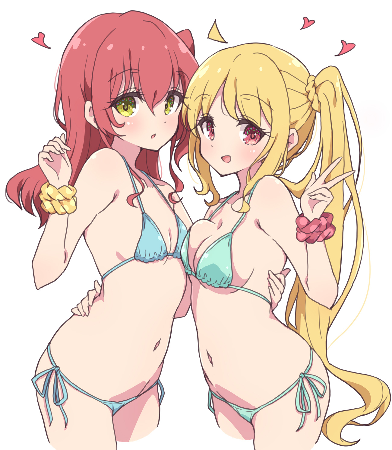 mel (melty pot), ijichi nijika, kita ikuyo, bocchi the rock!, highres, 2girls, :d, aqua bikini, asymmetrical docking, bikini, blue bikini, breast press, breasts, green eyes, long hair, looking at viewer, medium breasts, medium hair, multiple girls, navel, open mouth, red eyes, red scrunchie, scrunchie, simple background, small breasts, smile, swimsuit, very long hair, white background, wrist scrunchie, yellow scrunchie