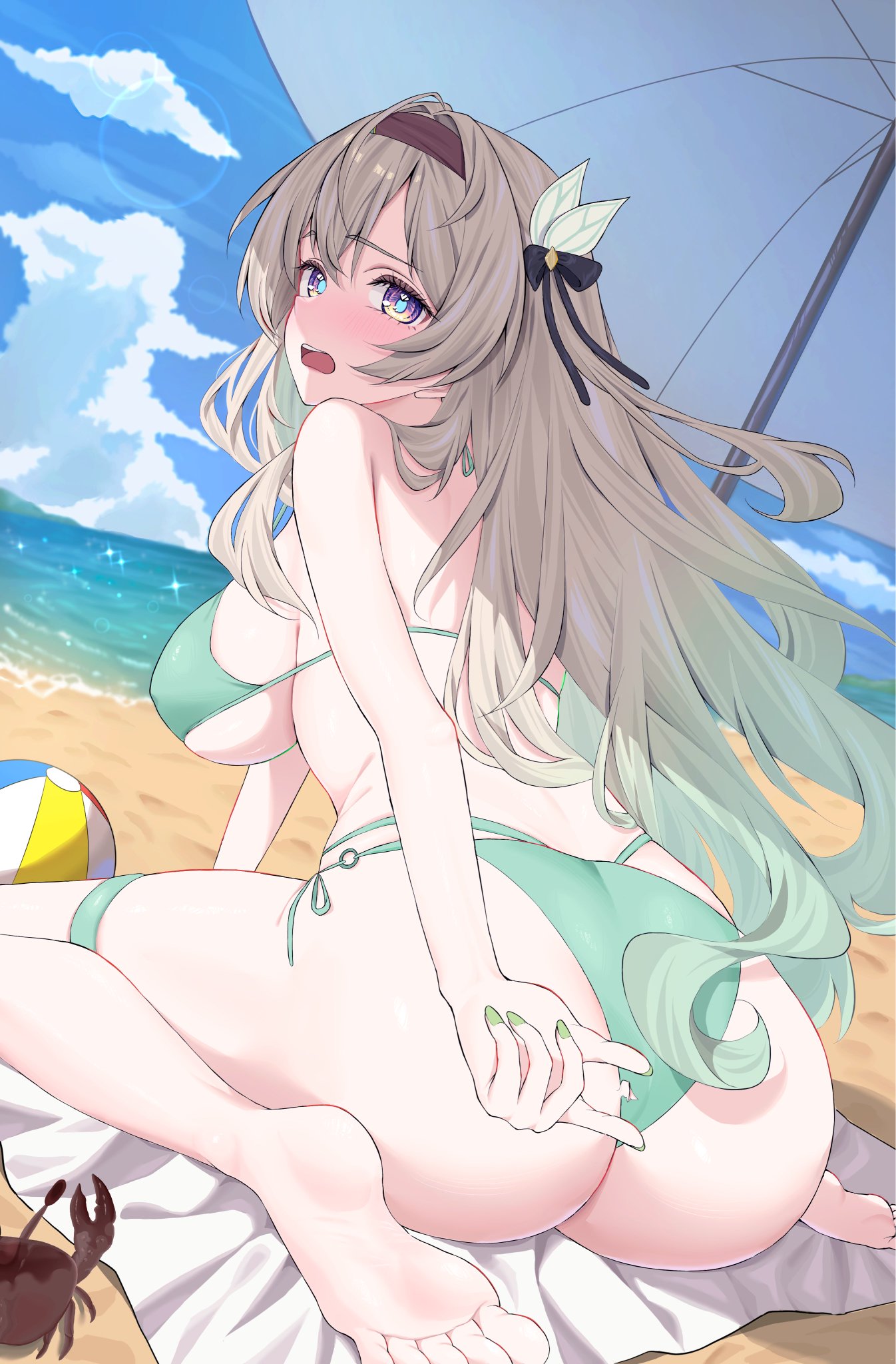 akatana (ewokakitaindes), firefly (honkai: star rail), honkai: star rail, honkai (series), commentary request, highres, 1girl, adjusting clothes, aqua bikini, ass, ball, barefoot, beach, beach umbrella, beachball, bikini, black hairband, blue pupils, breasts, crab, fingernails, from behind, full body, gradient hair, green nails, grey hair, hair intakes, hairband, long fingernails, long hair, multicolored eyes, multicolored hair, nail polish, purple eyes, solo, string bikini, swimsuit, torn bikini, torn clothes, two-tone eyes, umbrella, very long hair, wardrobe malfunction