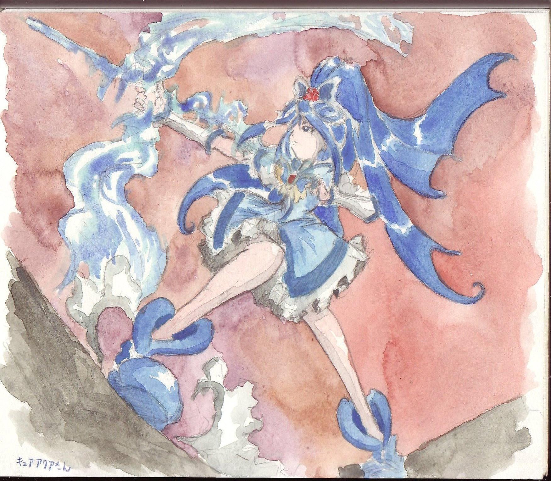 moodame, cure aqua, minazuki karen, precure, yes! precure 5, highres, painting (medium), traditional media, watercolor (medium), 00s, 1girl, butterfly hair ornament, character name, female focus, hair ornament, magical girl, solo, wide ponytail